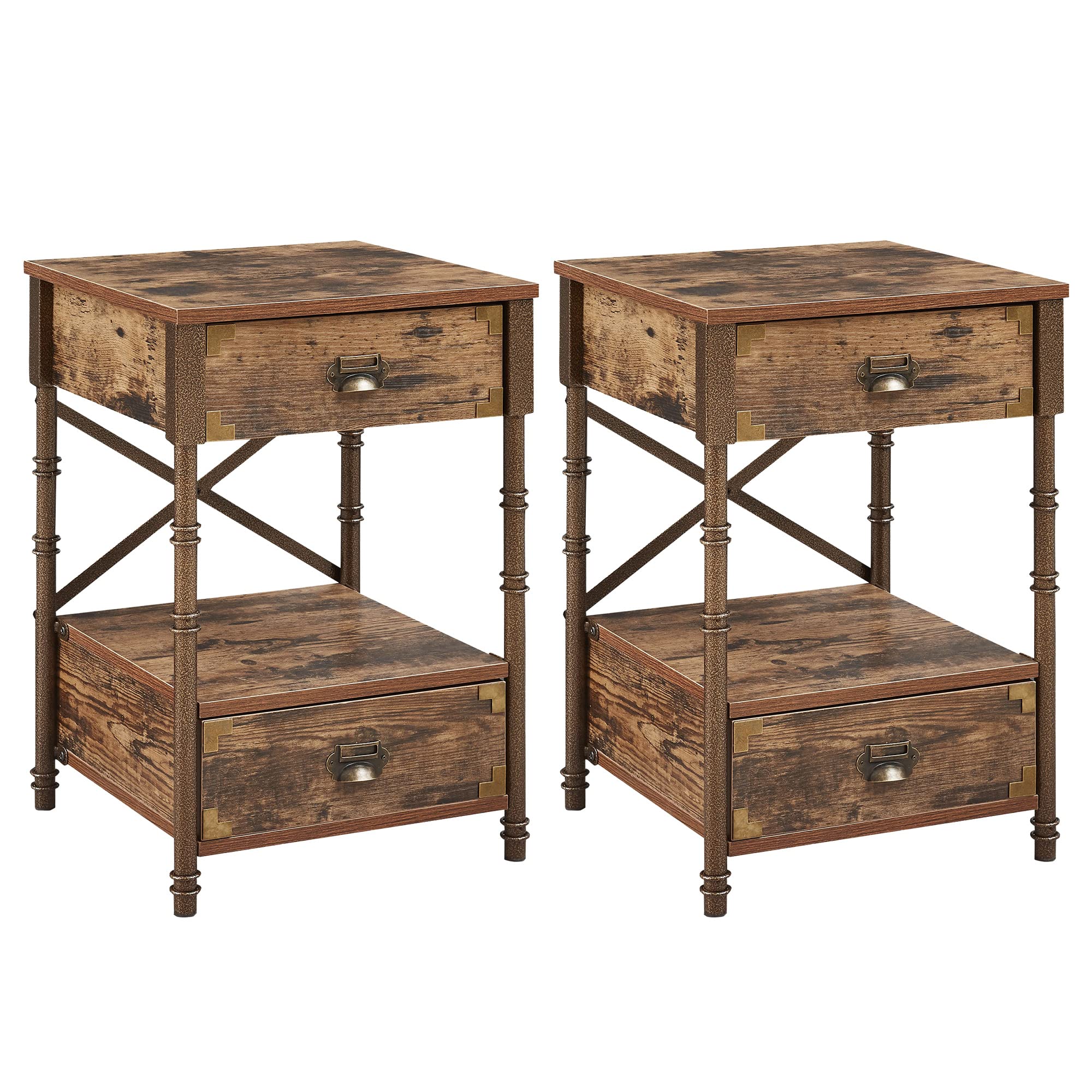 VECELO Vintage End/Side Table Set of 2 - Nightstand with 2 Drawers, X-Design Metal Frame for Bedroom & Living Room - Easy Assembly, Sturdy & Space-Saving - Brown Finish - Perfect for Small Spaces, Guest Rooms & Apartment Decor