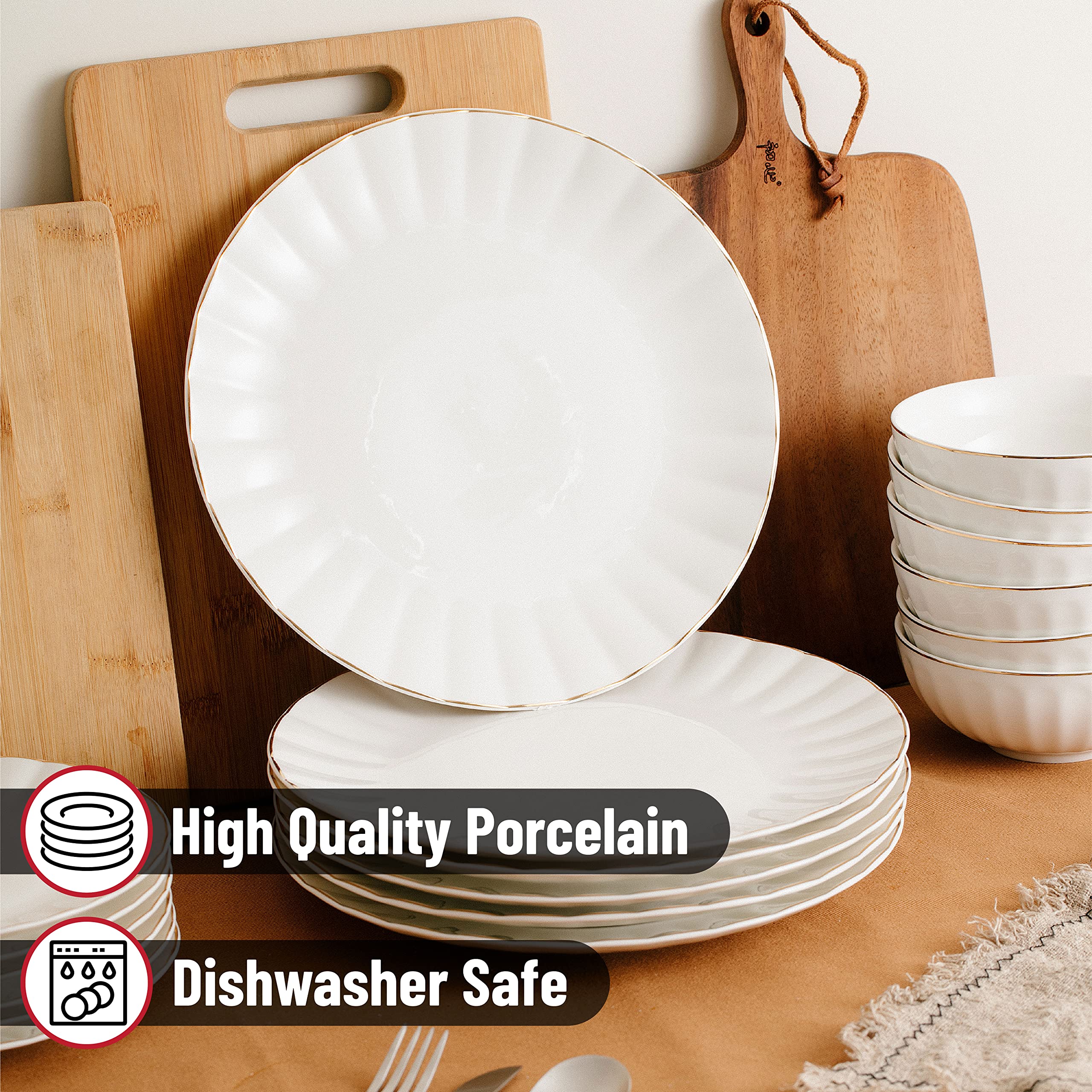 BTaT 8 Inch White Porcelain Dessert Plates Set of 6 - Elegant Gold Trim Appetizer Plates for Cake, Pastry, Snacks - Perfect for Parties, Weddings, and Tea Time