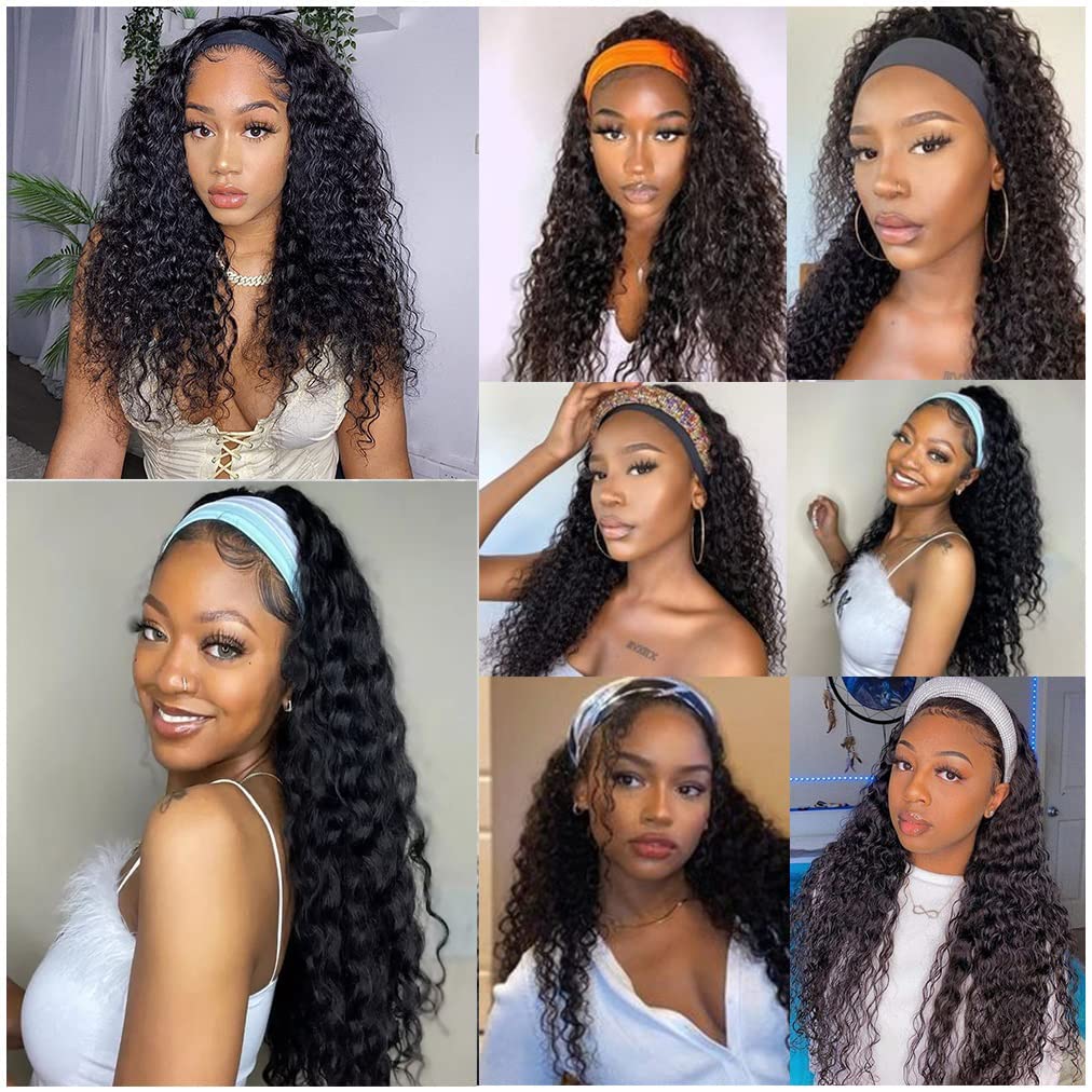 16 Inch Deep Wave Human Hair Headband Wig - Glueless No Lace Front Brazilian Virgin Hair Wig for Black Women | 150% Density Natural Black | Perfect for Daily Wear, Parties & Protective Styling