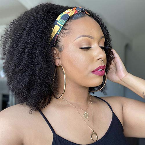 Short Afro Kinky Curly Human Hair Wig - 180% Density Headband Wig No Glue No Gel - Black Brown Colors 1#2#4# - 12 Inch 150% Density Natural Color - Perfect for Cosplay, Daily Wear & Protective Hairstyles