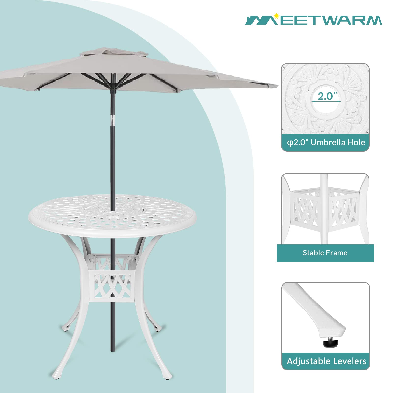 MEETWARM 31 Inch Round Outdoor Bistro Table - White Cast Aluminum Patio Dining Table with 2 Inch Umbrella Hole | Perfect for Small Balcony, Garden, Poolside & Backyard Dining