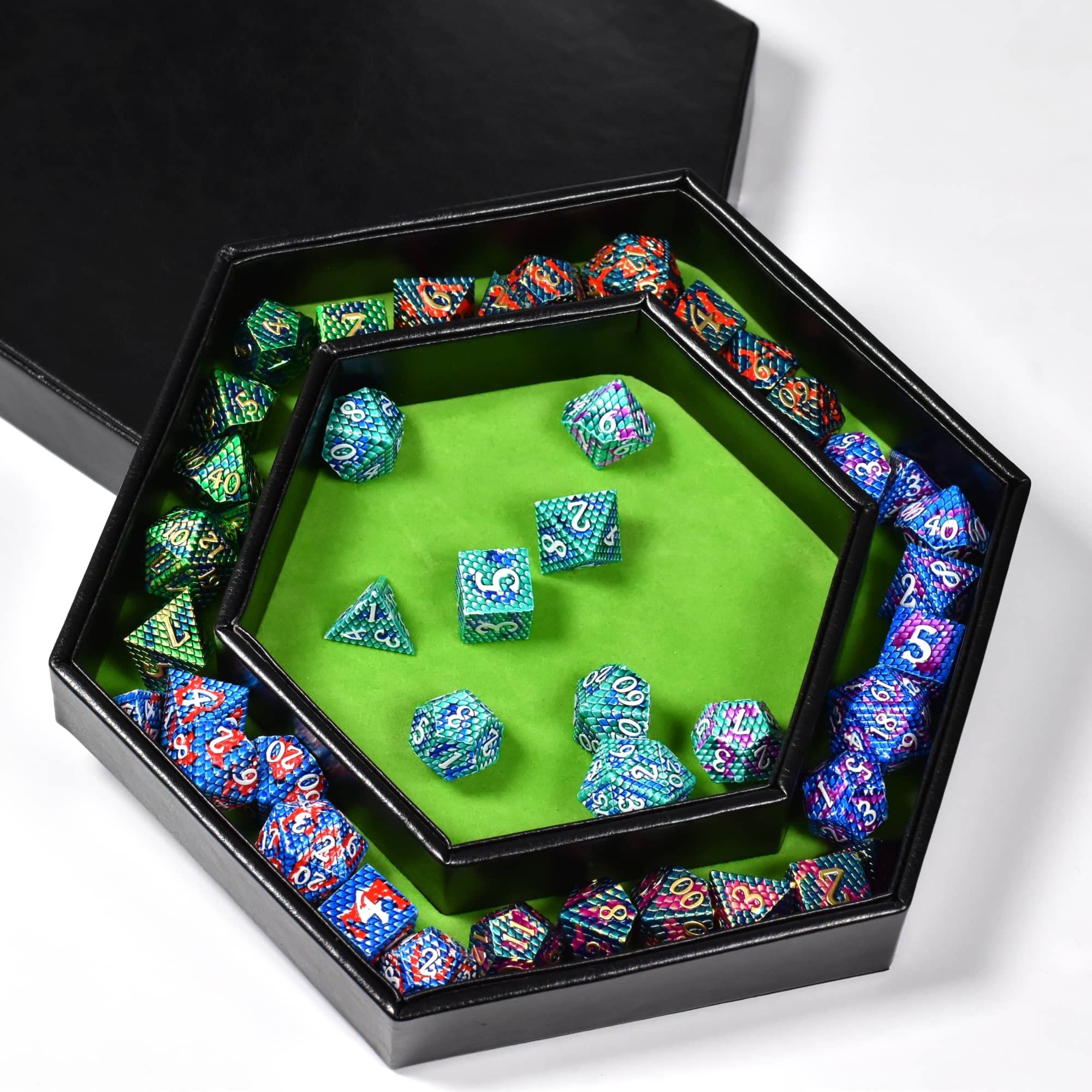 Premium Hexagonal D&D Dice Tray - 2-in-1 Rolling & Storage Tray with Faux Leather, Green Gaming Accessory for D&D, MTG, Dice Arena - Perfect for Tabletop RPG Sessions & Board Game Nights