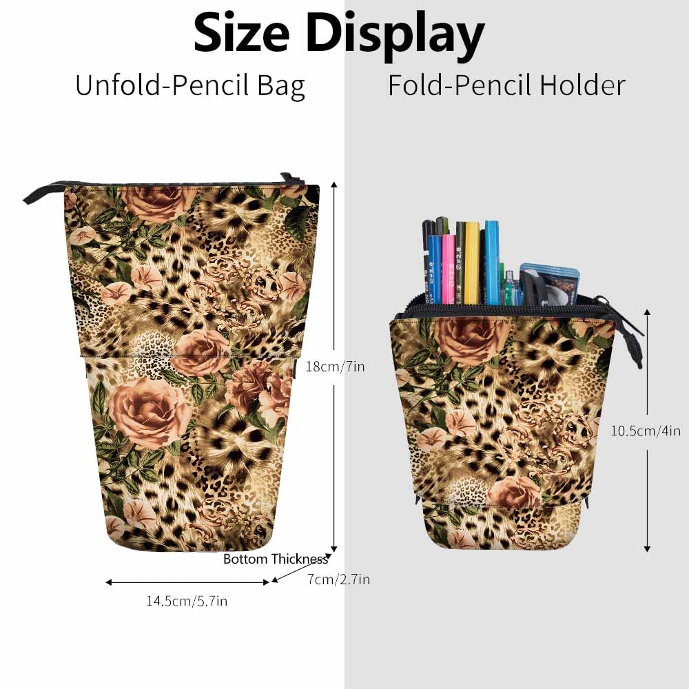 Swono Striped Leopard Pencil Case - Flower Rose Design Stand Up Makeup Organizer - Colorful Pouch for School, Office & Travel (Perfect Gift Idea)