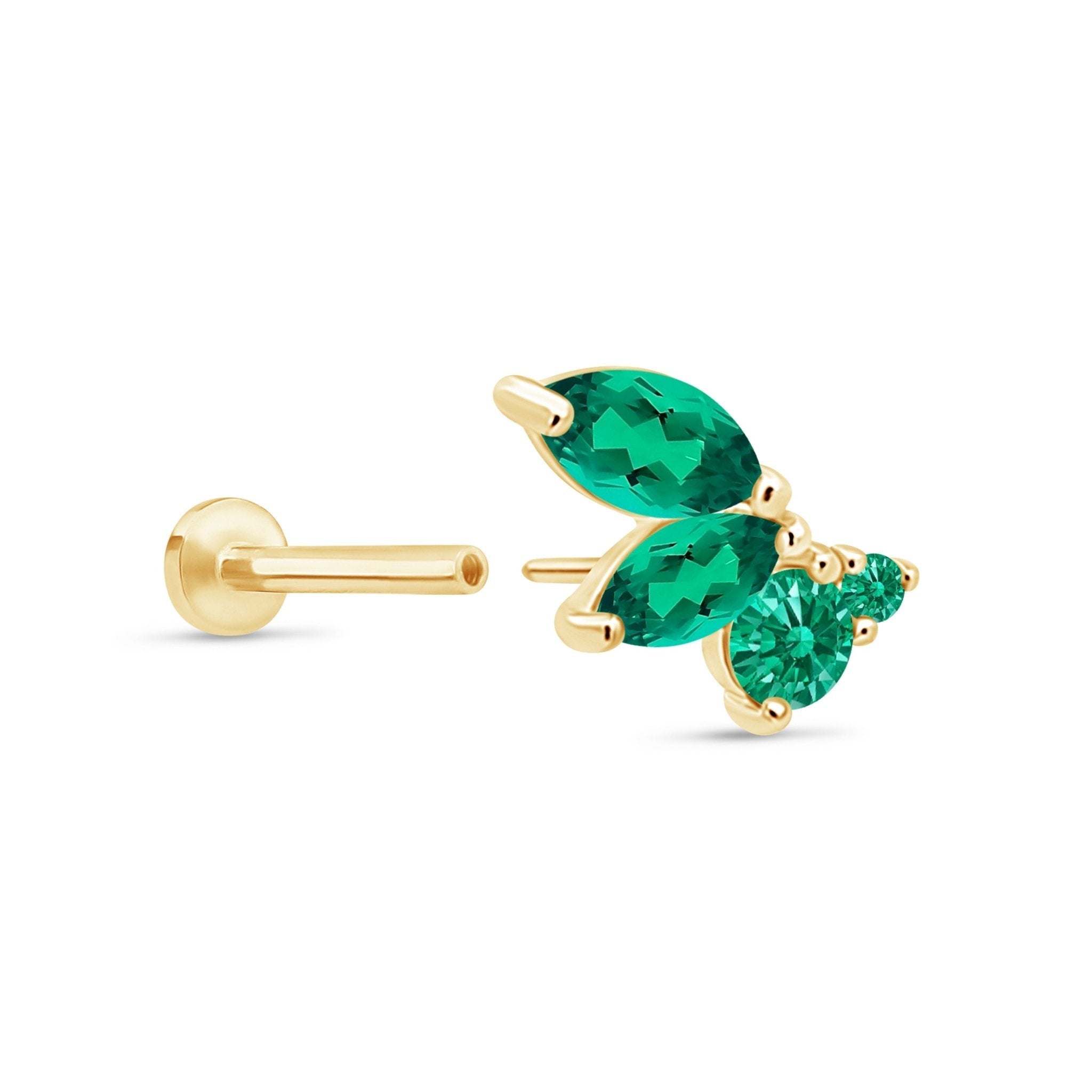 14K Yellow Gold Marquise Green Emerald Stud Earrings – Dainty Wing Flat Back Design for Women, Perfect for Weddings, Parties & Everyday Wear