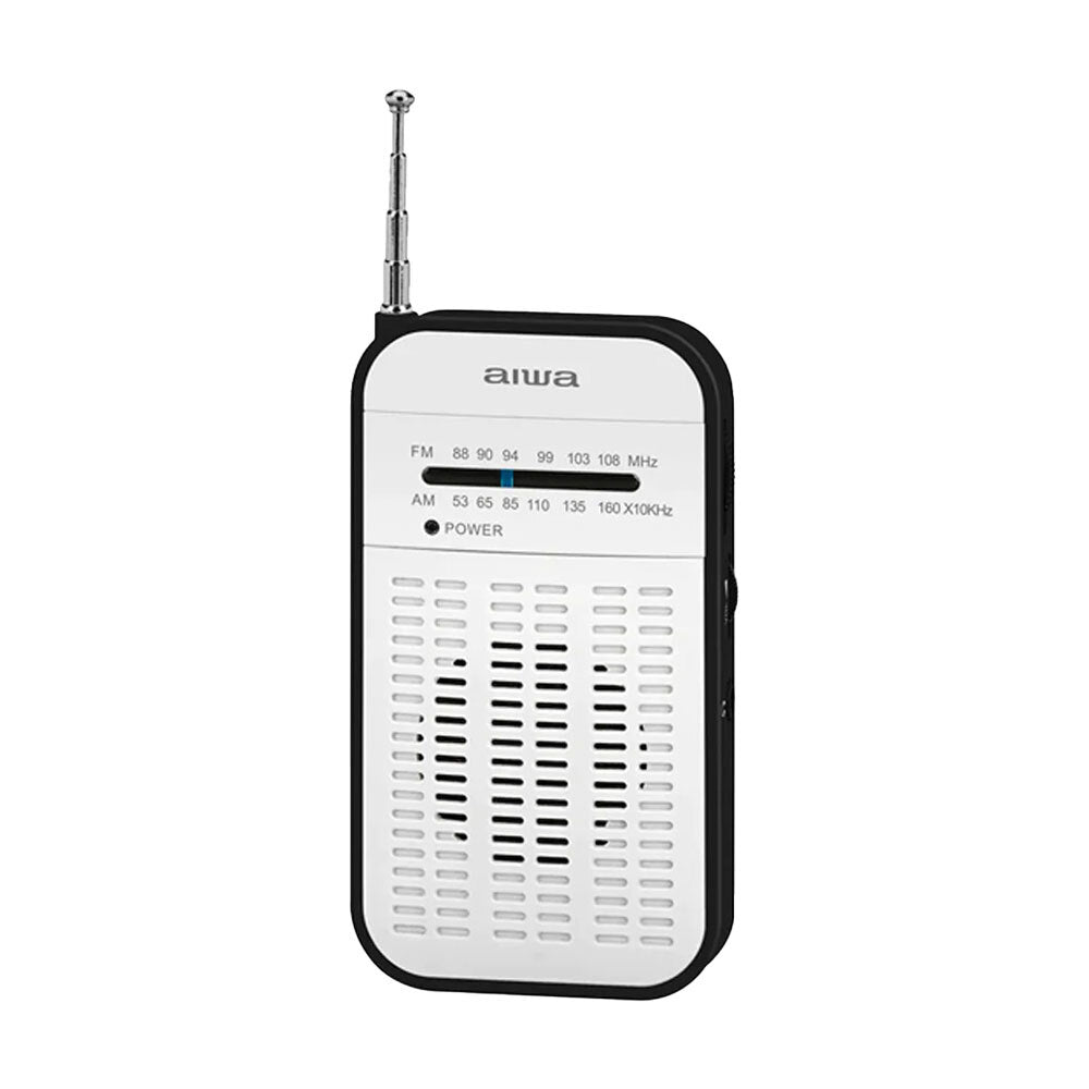 Aiwa Portable AM/FM Radio with AAA Battery - Compact Handheld Transistor Radio for Emergency, Camping, Travel & Outdoor Activities (White)