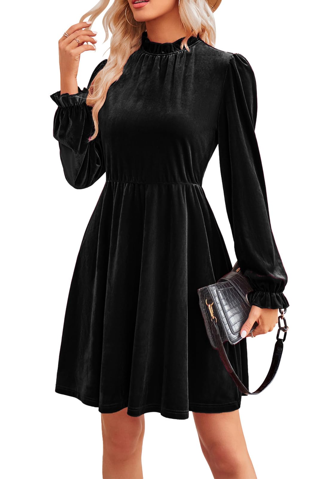 Jayscreate Women's 2023 Velvet Wrap Dress with Elastic Waist - Long Sleeve Formal Tunic for Wedding Guest, Fall Party & Special Occasions