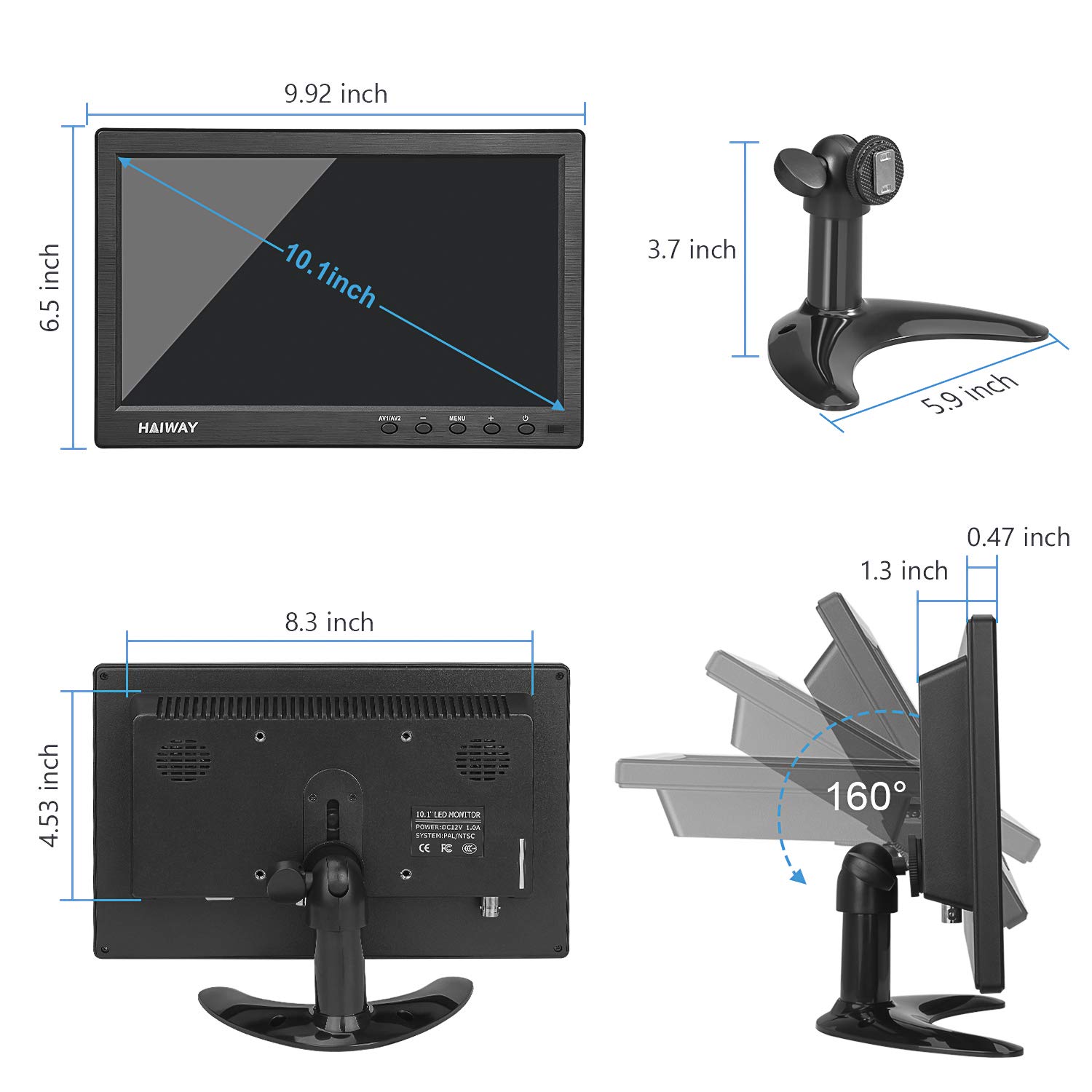 10.1 Inch HD Security Monitor - 1366x768 Resolution Portable HDMI Display with Remote, Dual Speakers, HDMI/VGA/BNC/USB Inputs for Gaming, CCTV, Raspberry Pi & PC - Perfect for Home Surveillance & Multi-Screen Setups