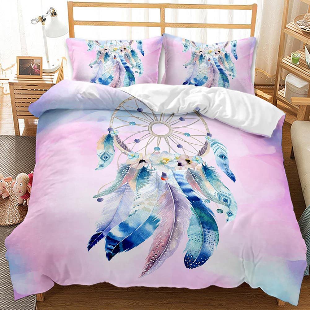 3 Pcs Dream Catcher Duvet Cover Set for Girls & Women - Soft Microfiber 3D Printed Boho Style Bedding Set, Colorful Cute Comforter Cover (Pink, Twin 68