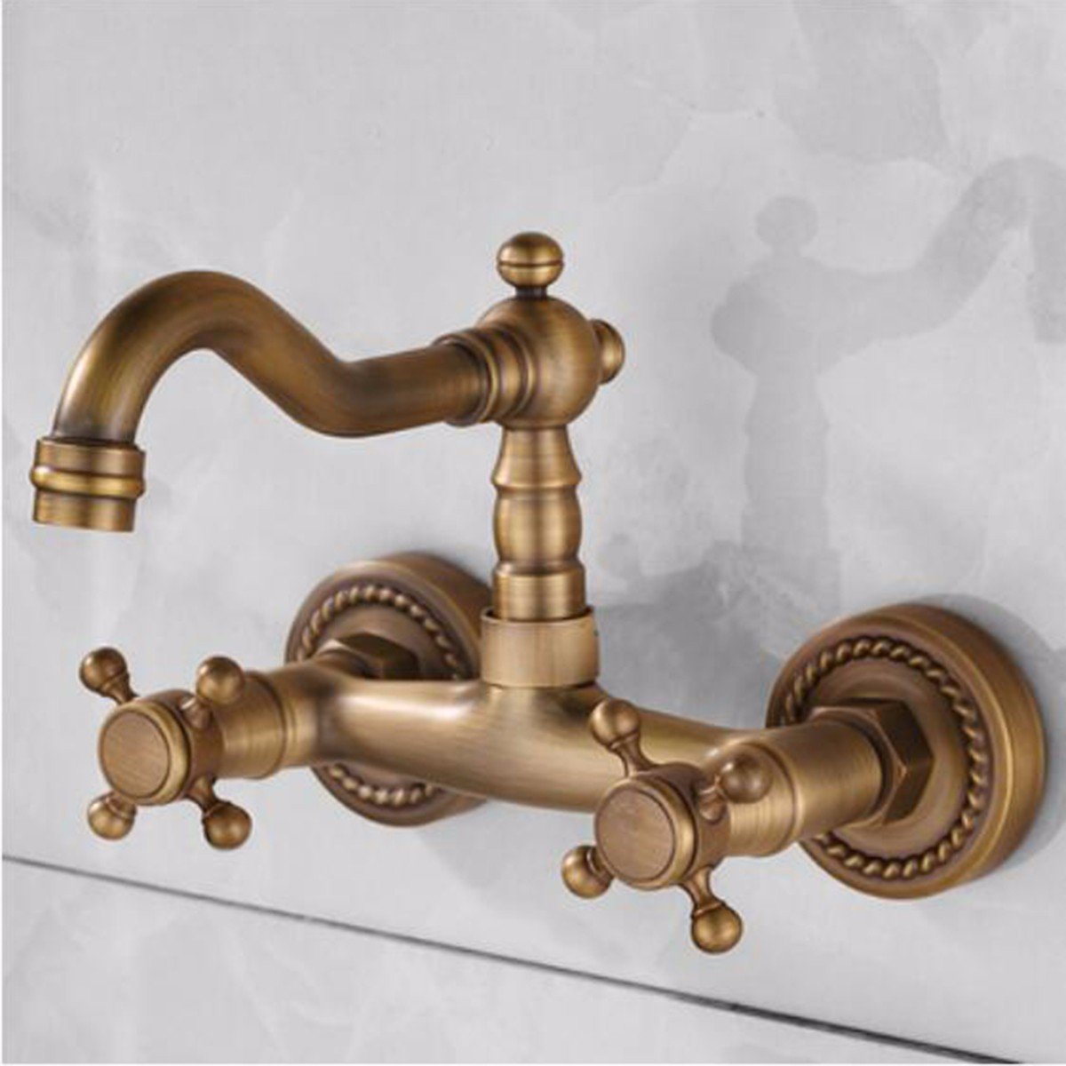 TONPOP European Copper Antique Wall Faucet - Double Handle Double Hole Swivel Wall-Mounted Vintage Hot and Cold Water Tap for Bathroom Sink - Perfect for Farmhouse, Victorian & Rustic Home Decor