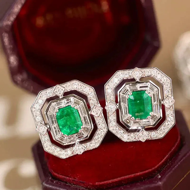 18K White Gold Earrings with Real Natural Emerald and Diamond - Classic Elegant Jewelry for Women's Engagement, Party & Special Occasions