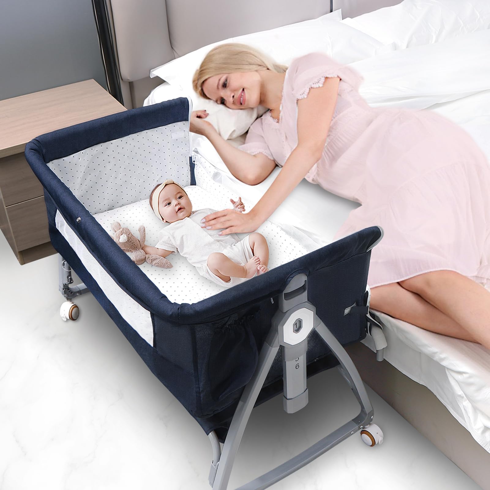 **Portable Baby Bassinet for Newborns – Adjustable Height Bedside Crib with Storage Basket & 4 Auto-Lock Wheels – Safe & Comfortable Infant Sleeper for Nursery, Travel & Co-Sleeping (Navy Blue)**