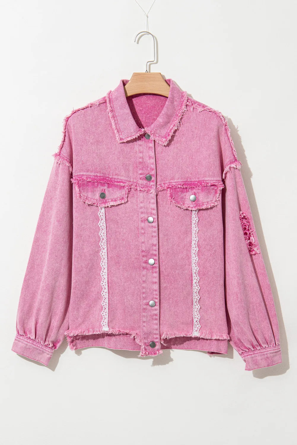 Distressed Raw Hem Denim Jacket with Lace Detail - Long Sleeve Vintage Style for Women | Perfect for Casual Outfits, Fall Layering & Boho Fashion