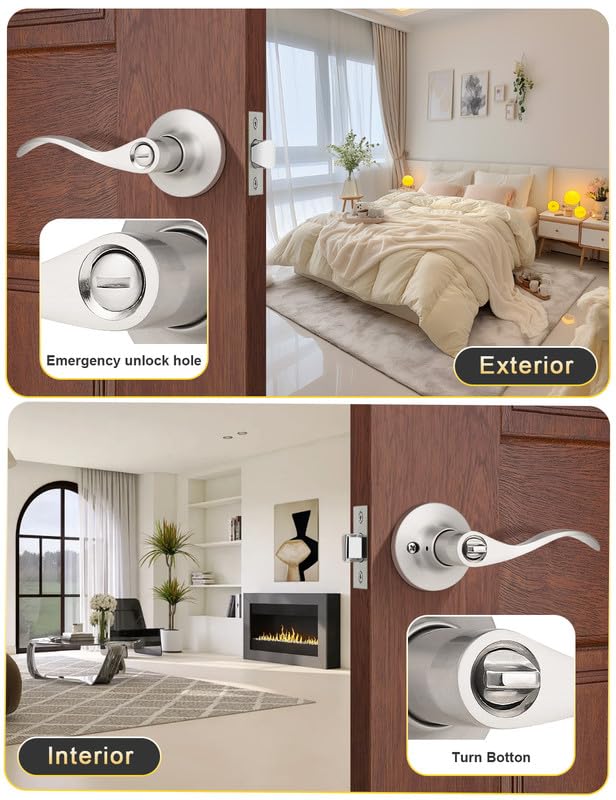 Mengico 10 Pack Satin Nickel Privacy Door Lever - Modern Interior Door Knobs & Locks for Bedroom, Bathroom & Closet - Heavy Duty Reversible Wave Lever Handle for Home, Office & Commercial Use