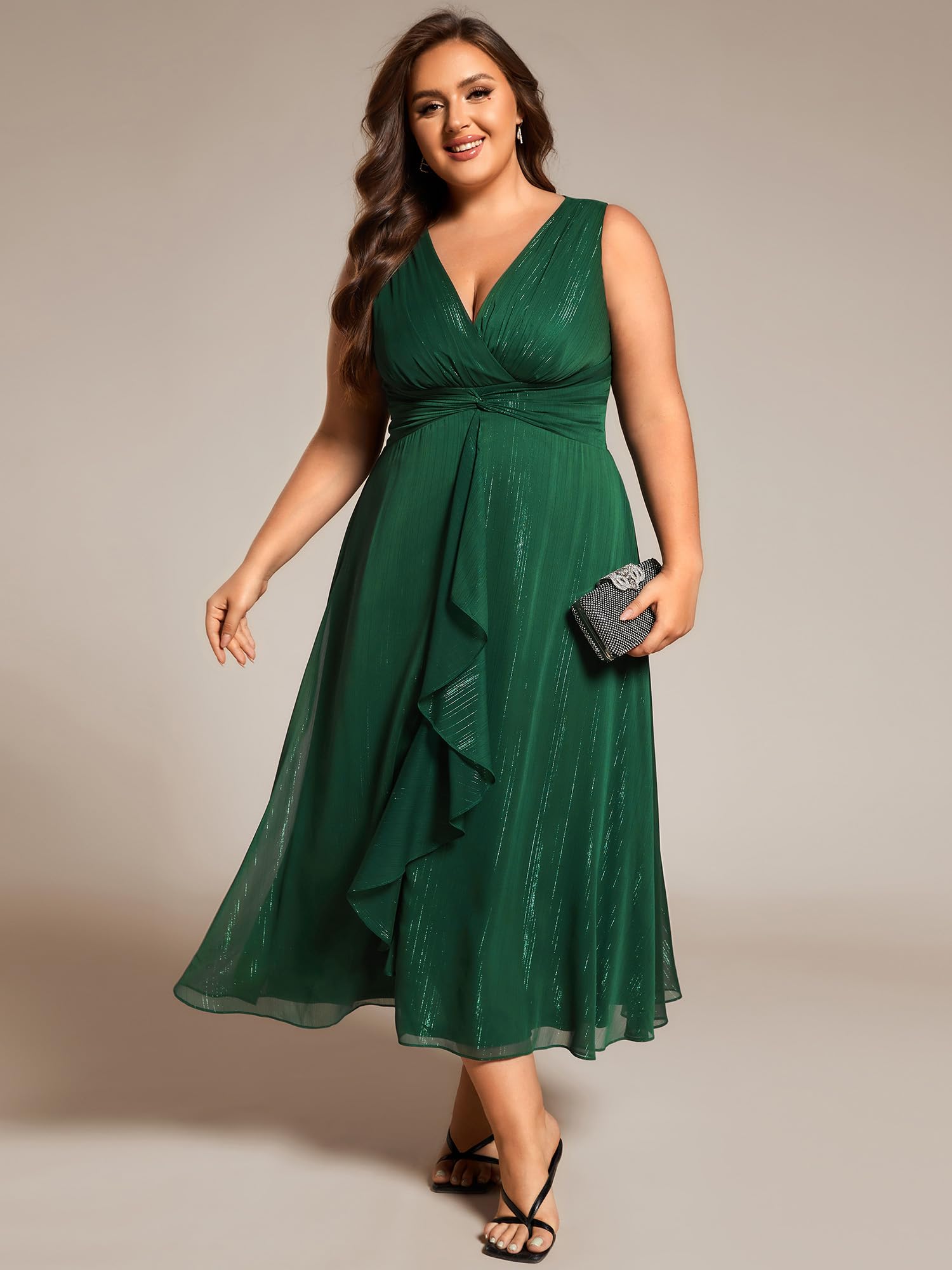 Ever-Pretty Women's Sleeveless V-Neck A-Line Pleated Plus Size Tea-Length Wedding Guest Dress 11977-DA | Elegant Formal Occasion & Special Event Attire for Bridesmaids, Parties, and Evening Gatherings