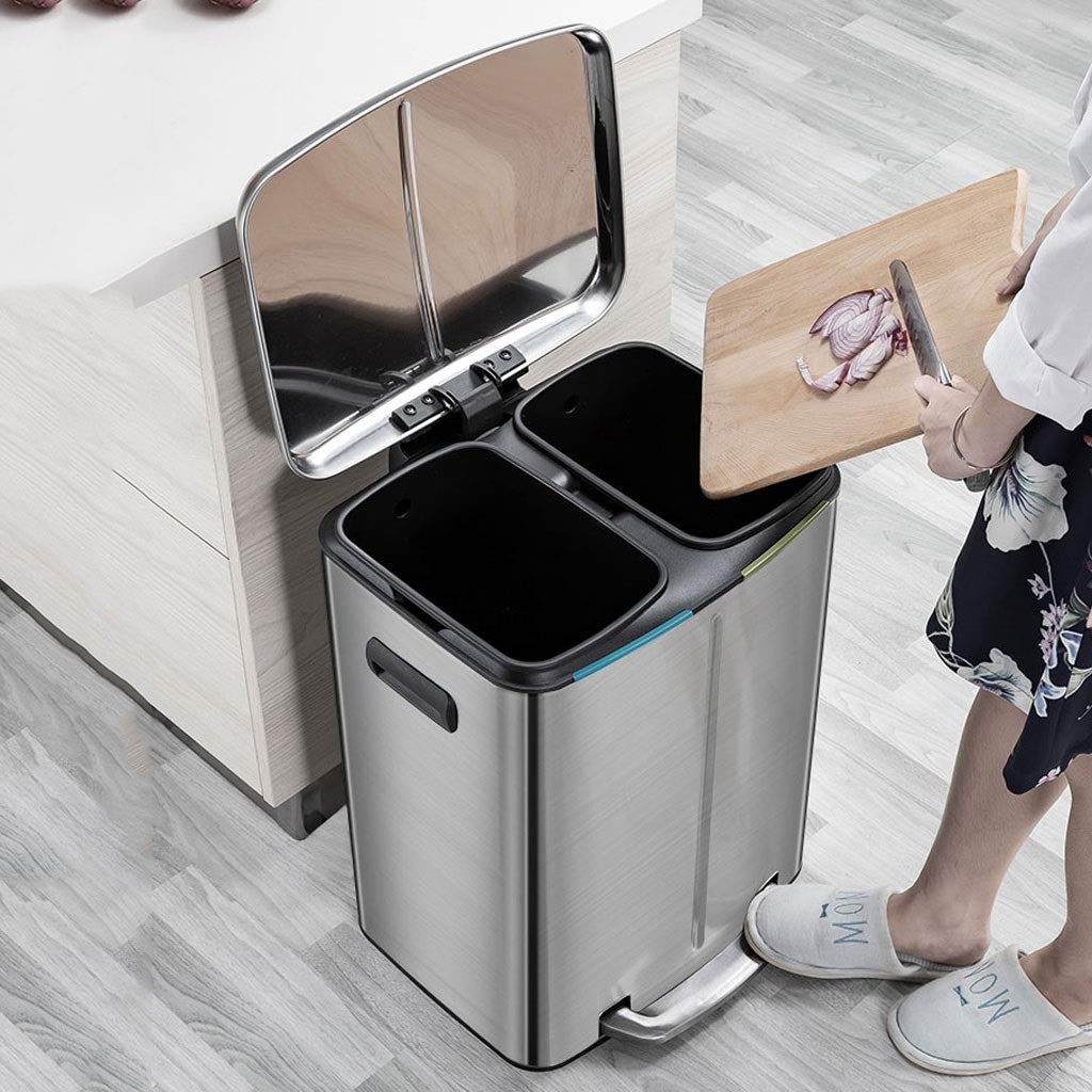 13 Gallon Stainless Steel Trash Can with Lid & Foot Pedal - Dual Compartment Kitchen Waste Bin for Recycling & Garbage - Silver | Perfect for Home, Office & Restaurant Use