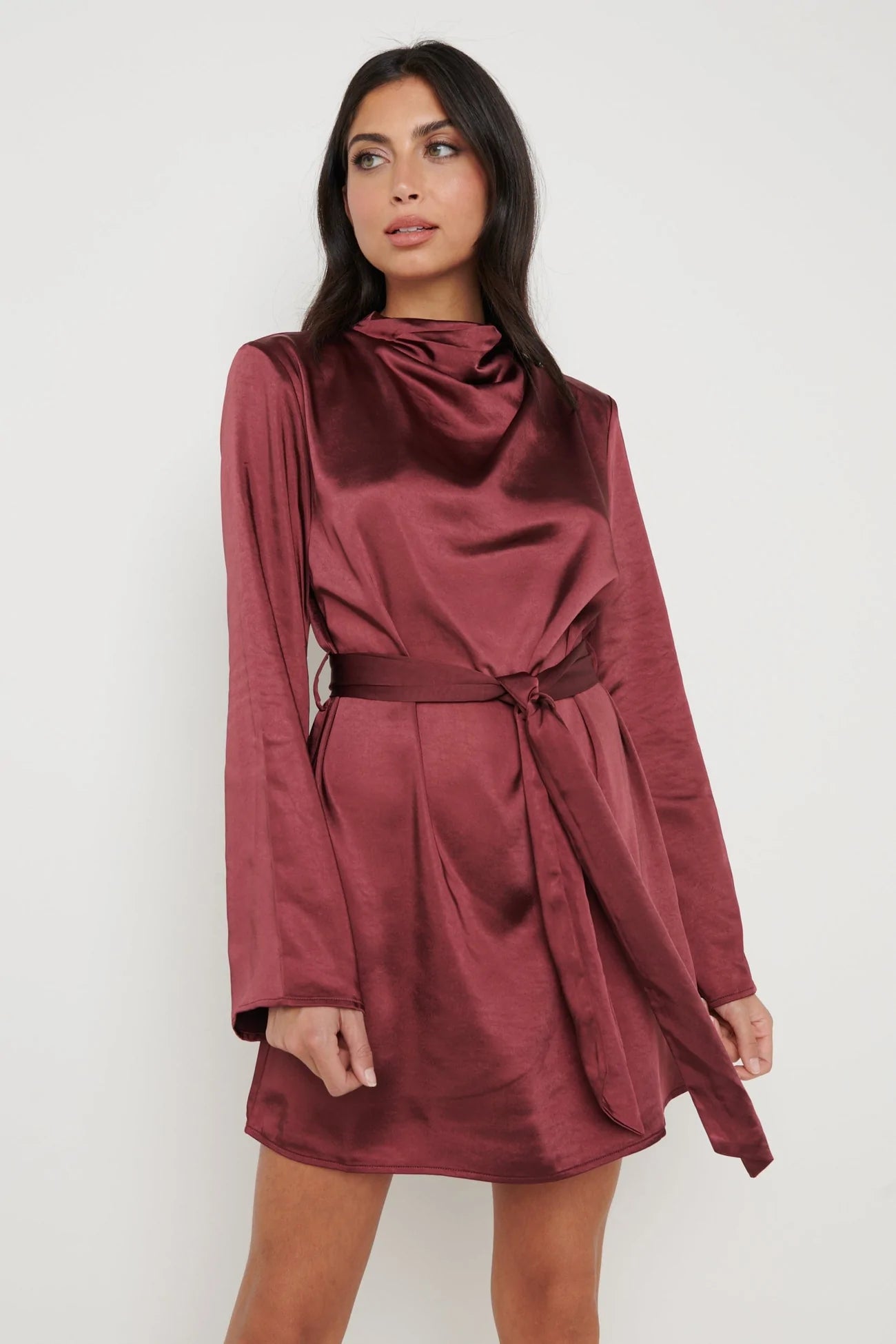 Jayda Cowl Neck Dress in Wine Red - Elegant Long Sleeve Wrap Dress for Women | Perfect for Office Wear, Date Night & Special Occasions