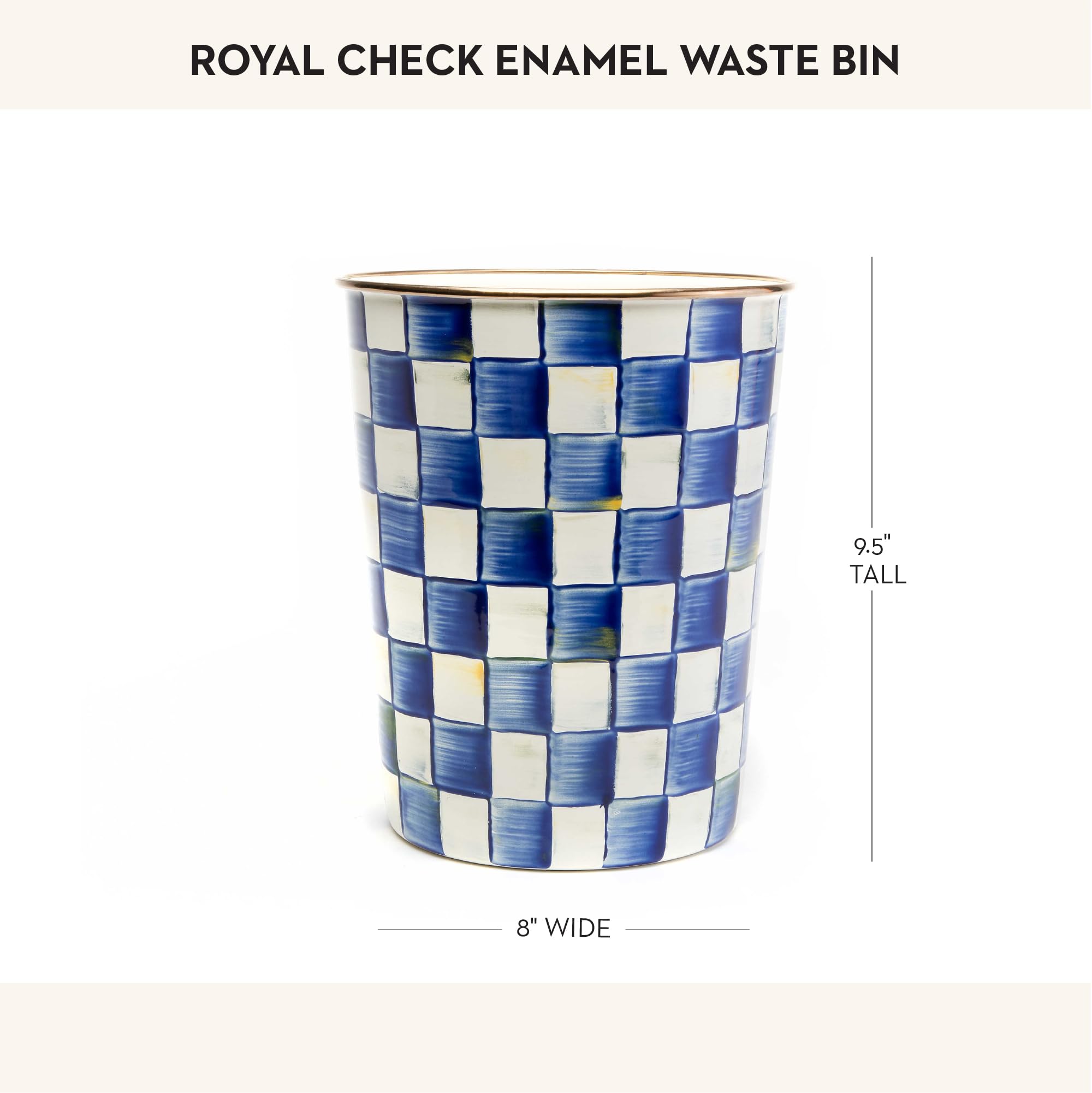 MACKENZIE-CHILDS Decorative Waste Bin - Blue and White Royal Check Trash Can for Bedroom, Bathroom, Office & Home Decor | Stylish Small Garbage Bin for Waste Disposal