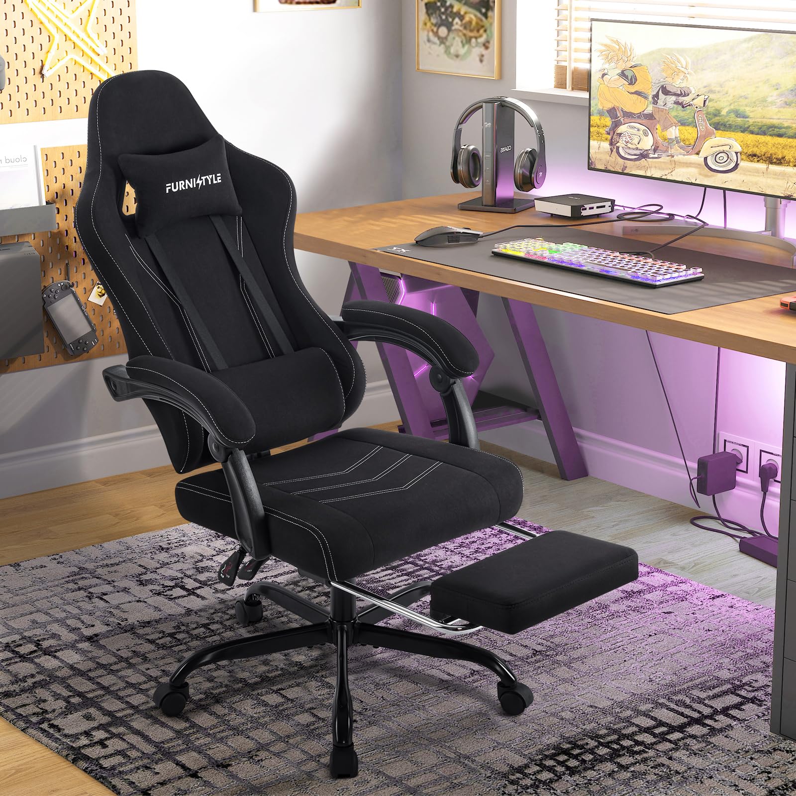 Ergonomic Fabric Gaming Chair with Lumbar Support - Reclining Video Game Chair for Teens & Adults - Adjustable Linkage Armrests & Footrest - Velvet Soft Cushioned Computer Office Chair (Black) - Perfect for Gaming, Streaming & Home Office Workspace