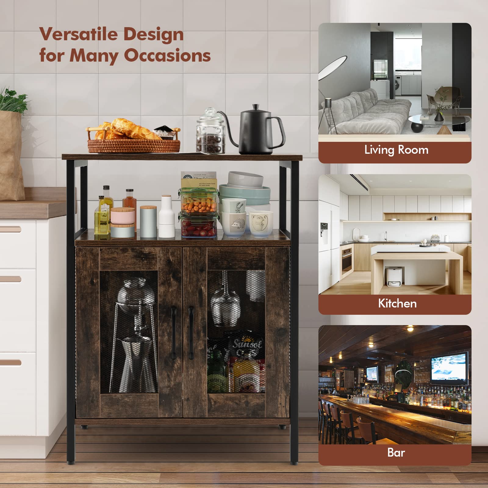 Industrial Wine Bar Cabinet with Detachable Rack & Glass Holder - Metal Mesh Door Coffee Bar Sideboard for Kitchen, Living Room | Perfect for Entertaining, Dining Storage & Home Decor