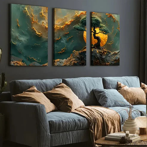 3-Piece Abstract Art Style Trees and Mountains Canvas Wall Art Set - 60x90cm Framed Ready to Hang | High Quality Print | 100% Australian Made | Perfect for Living Room, Bedroom & Office Decor