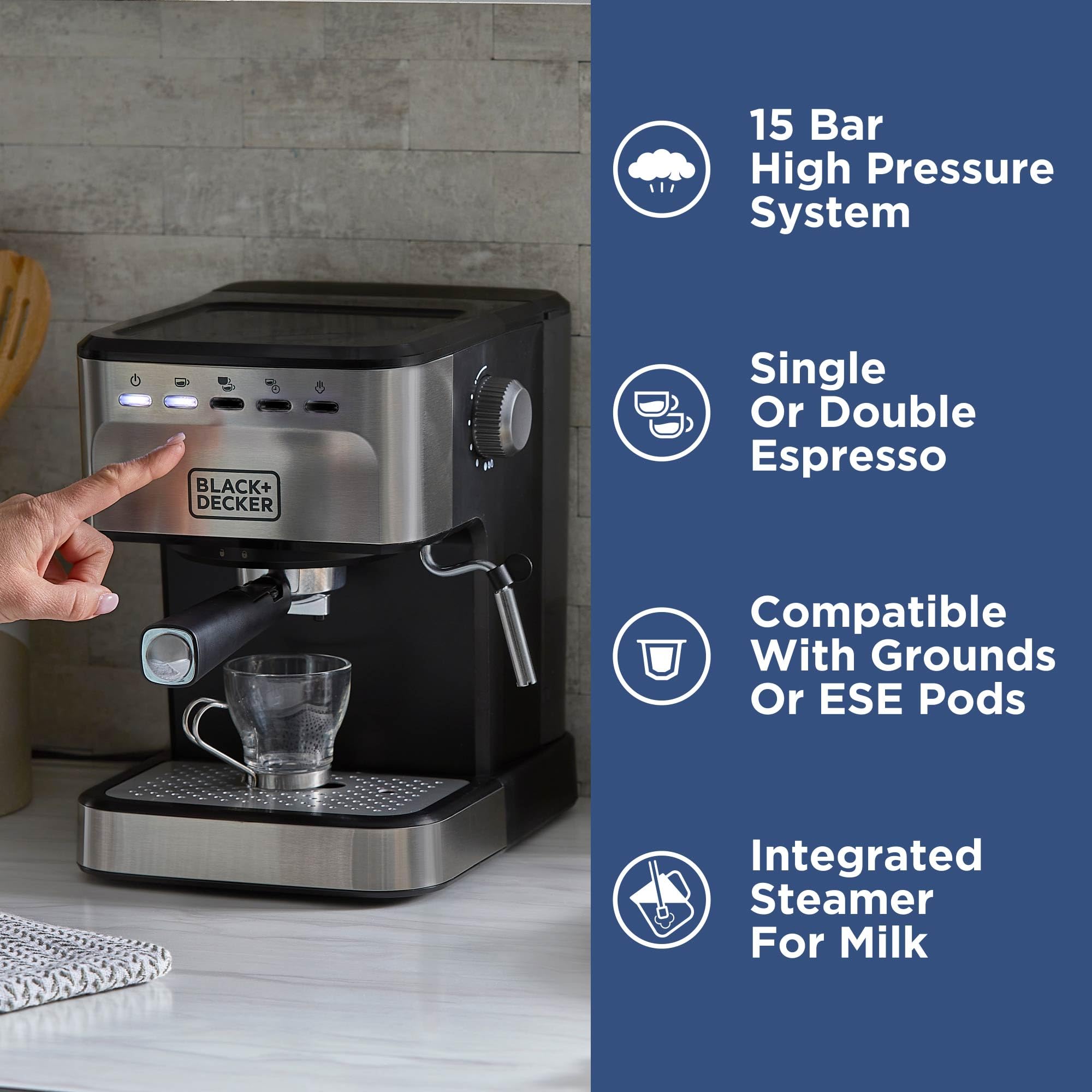 BLACK+DECKER 15 Bar Semi-Automatic Espresso & Cappuccino Machine - Use Ground Coffee or ESE Pods for Perfect Lattes, Americanos & More | Ideal for Home, Office & Small Cafes