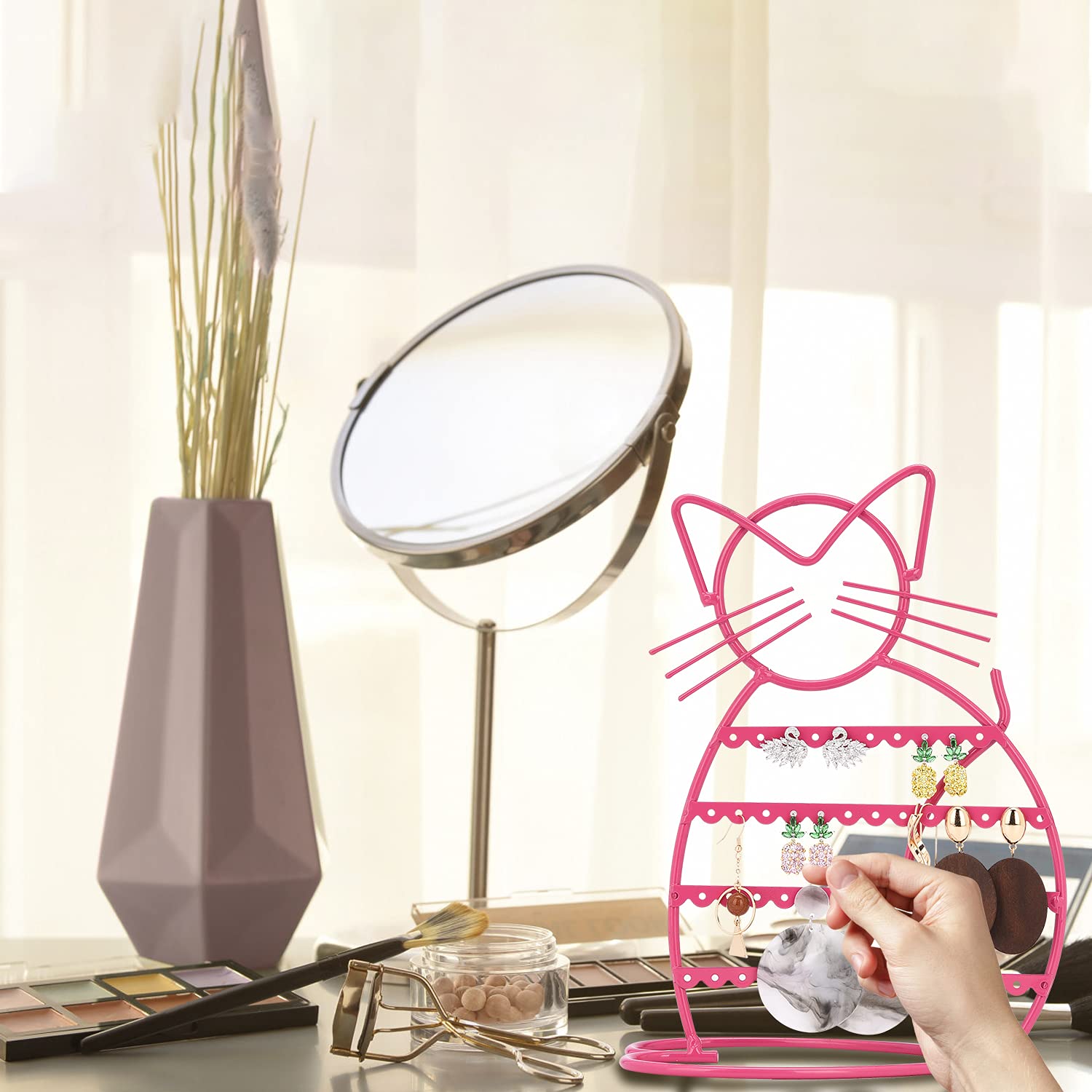 Stylish Pink Metal Cat-Shaped Jewelry Organizer Stand - 48 Stud Earring Holder & Display Vanity Tray for Women - Perfect for Bedroom Dresser, Bathroom Counter & Gift Giving