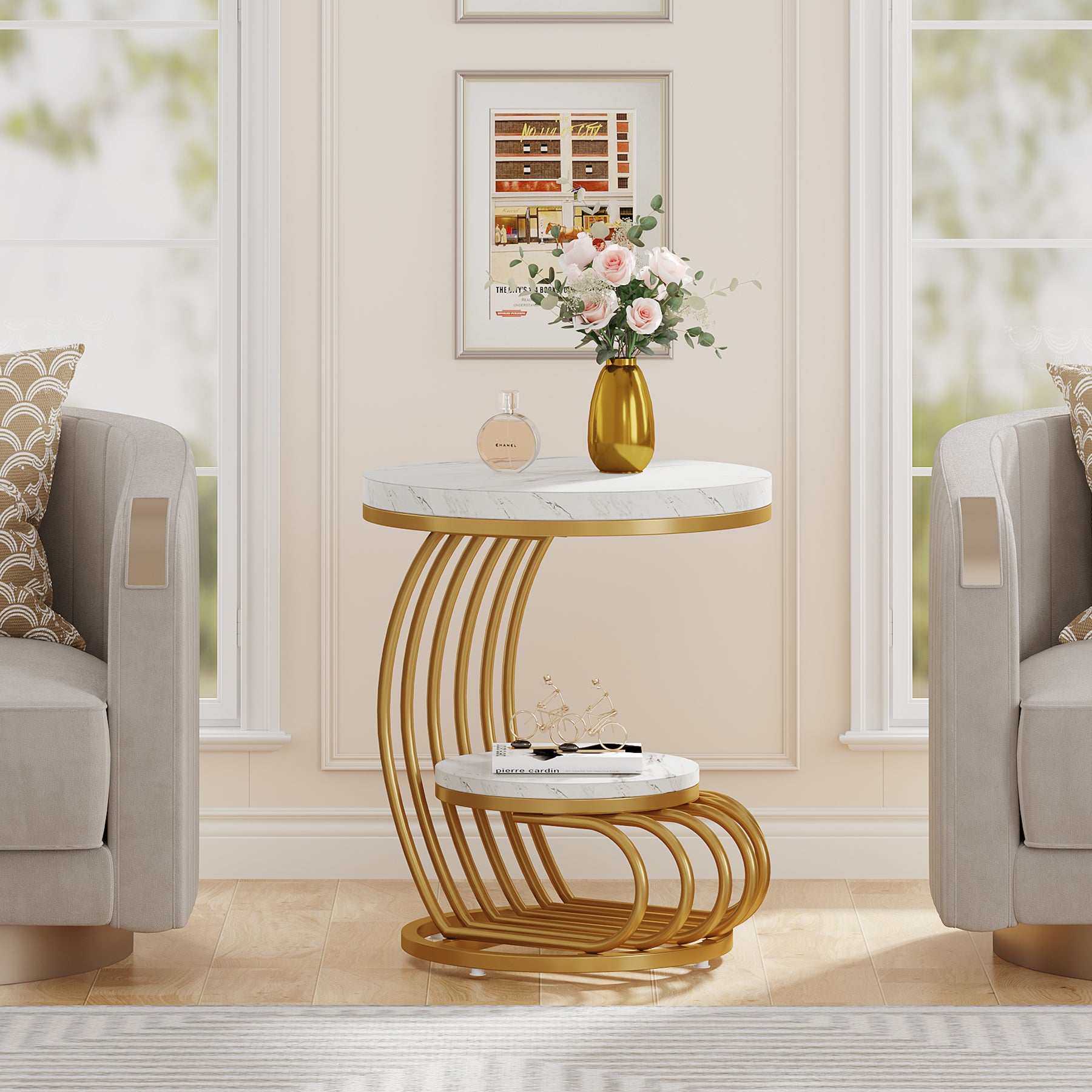 Round End Table with Storage Shelf - 2-Tier Faux Marble Side Table for Living Room, Bedroom & Office - Modern Accent Table with Sturdy Metal Frame for Home Decor