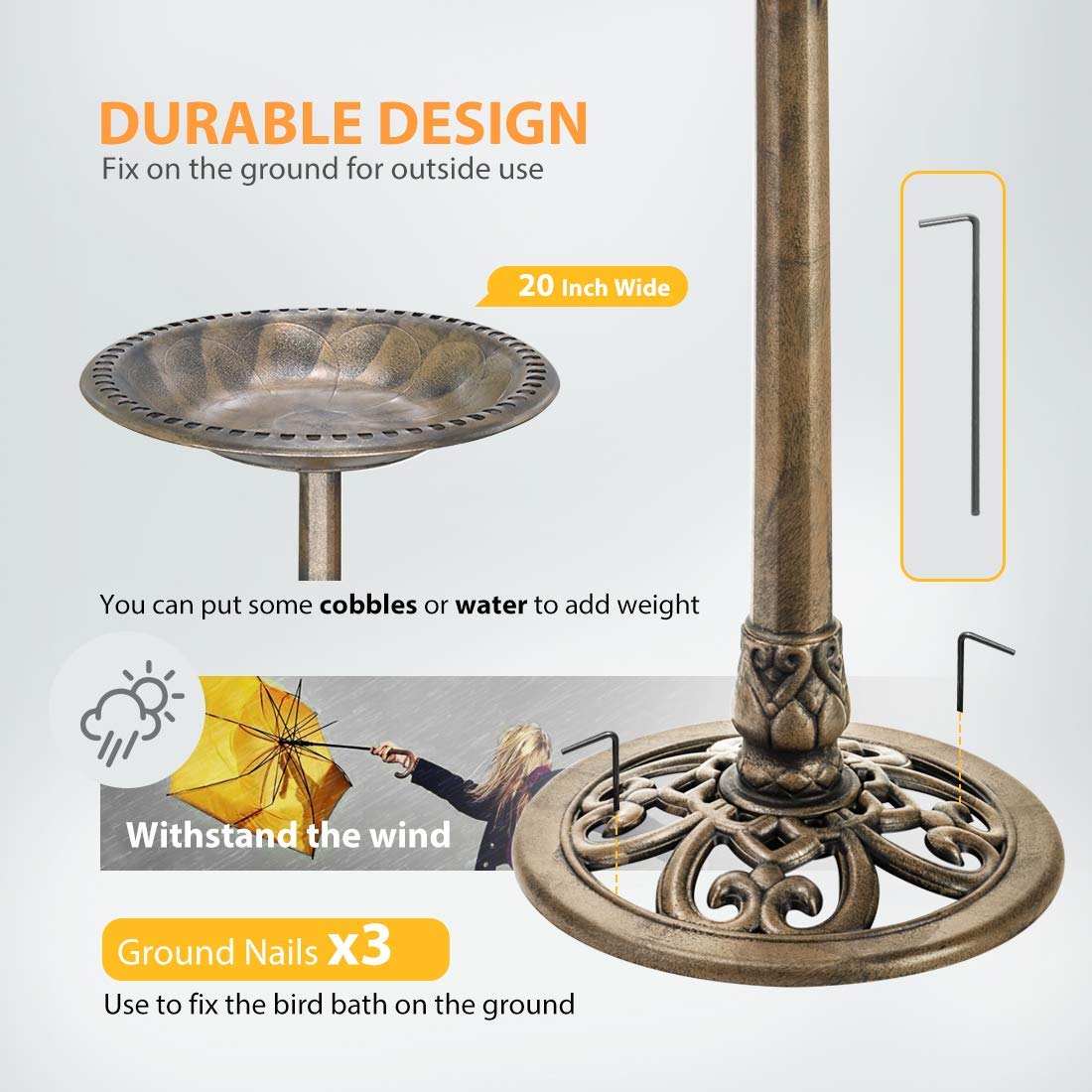 VIVOHOME Antique Outdoor Copper Garden Bird Bath with Solar Powered Fountain - 28 Inch Polyresin Birdbath & Pond Combo Set for Patio, Lawn, and Backyard Decor