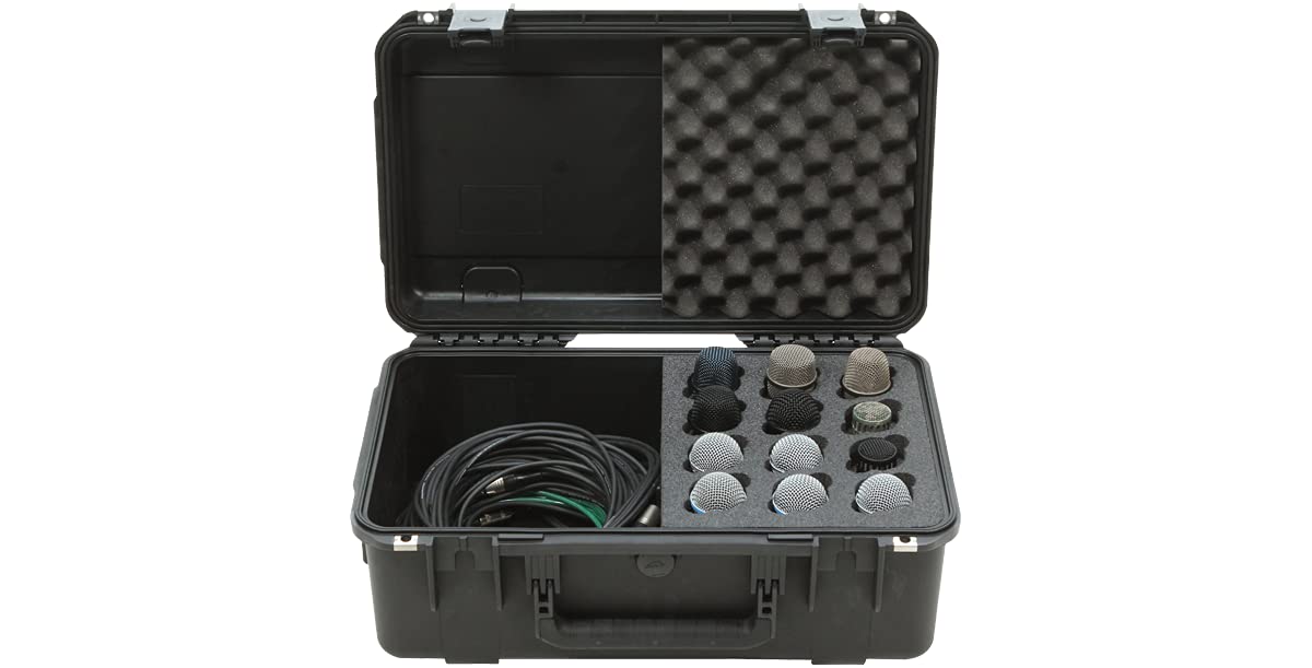 SKB Music iSeries Waterproof 12-Mic Case with Storage Compartment & PE Foam Interior - Durable Microphone Storage for Studio, Live Performances & Travel Protection