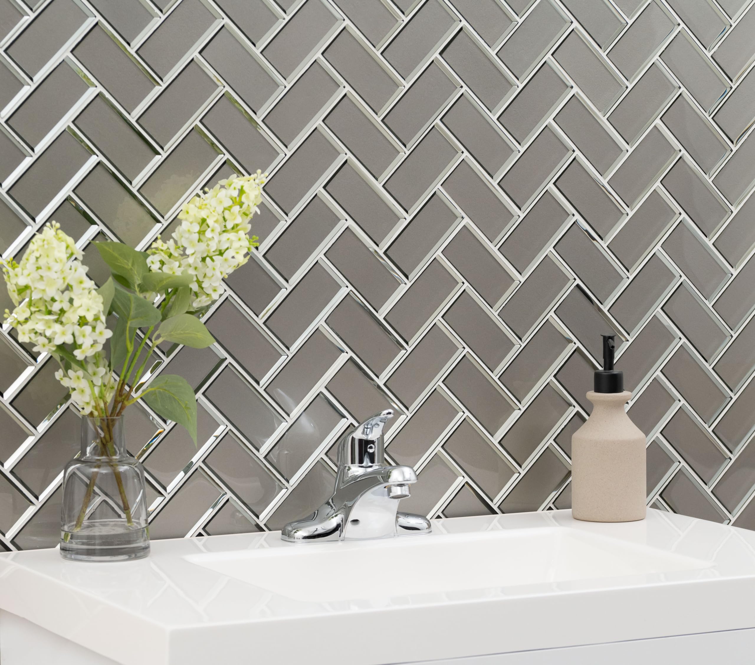 MSI Champagne Bevel Herringbone Glass Mosaic Tile - 13.86