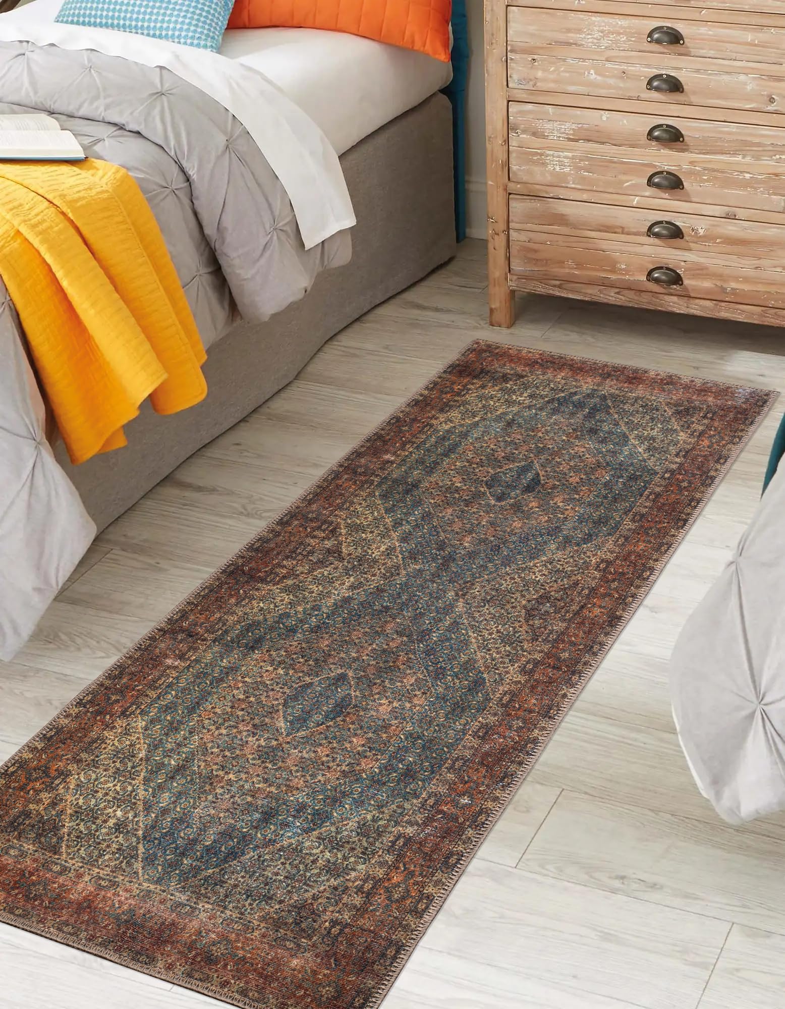 Keen Home Design 2x12 Washable Runner Rug - Non-Slip Vintage Low Pile Rug for Hallway, Entryway, Kitchen & Laundry Room - Durable Easy Clean Carpet (2'6