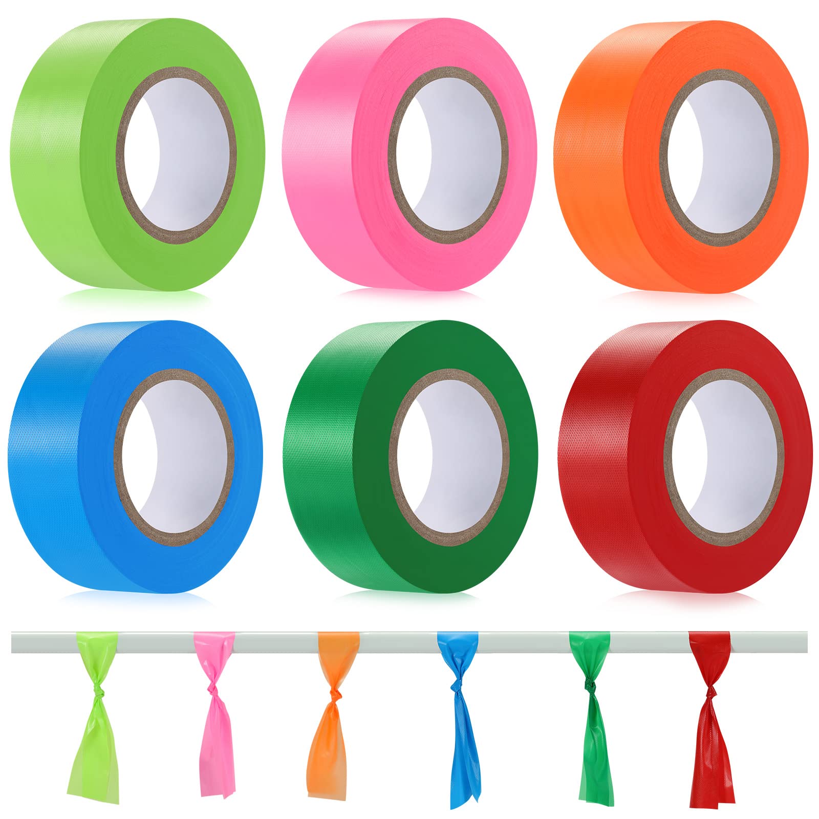 6 Pack Non-Adhesive Surveyor Flagging Tape - Bright Neon Marking Tape for Boundaries, Hazard Areas & Trail Marking (6 Colors) | Ideal for Construction, Surveying & Outdoor Safety Use