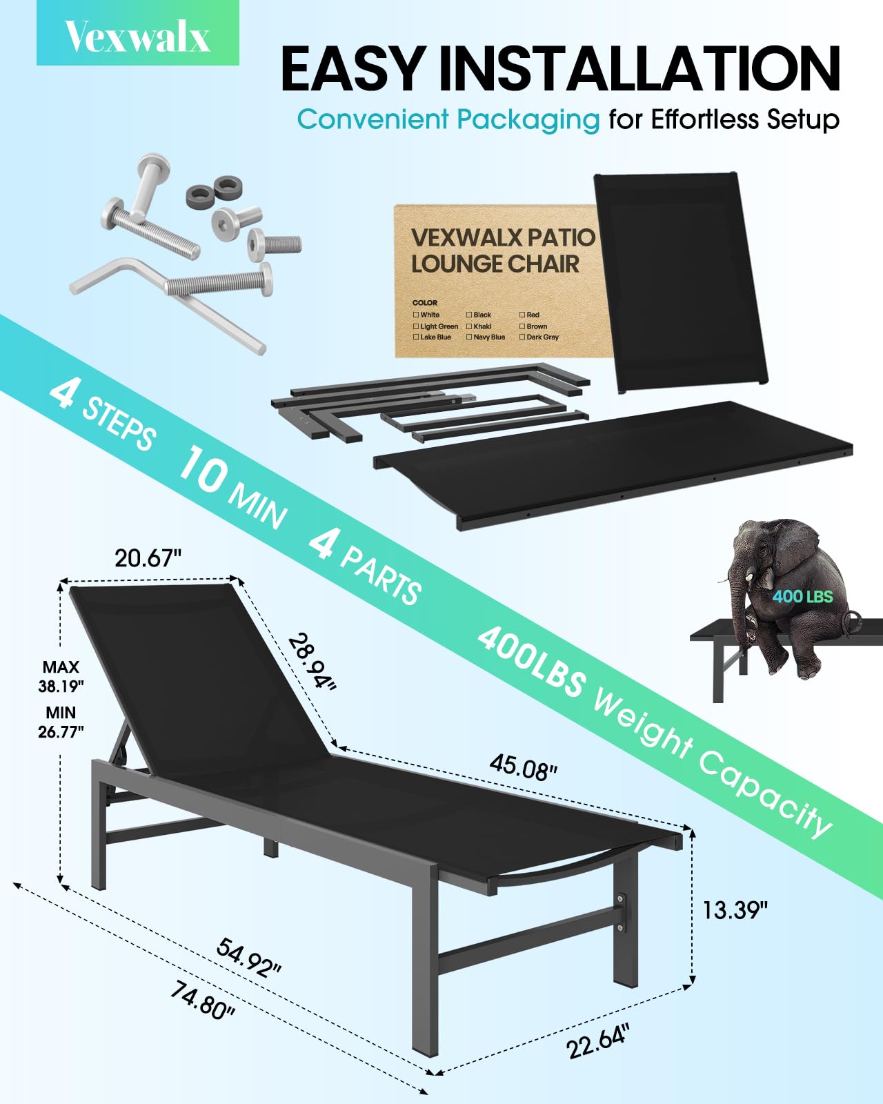 5-Position Reclining Aluminum Outdoor Lounge Chair - Patio Chaise Lounge for Poolside, Backyard, Deck & Lawn - Durable & Weather-Resistant Black Pool Chair for Sunbathing & Relaxation