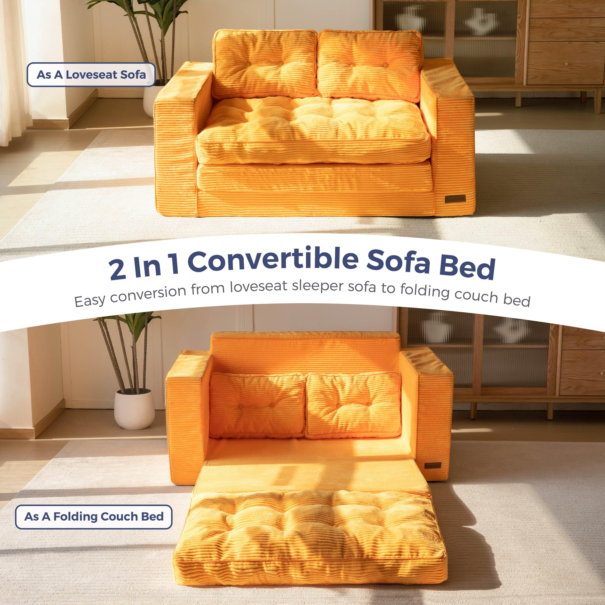 MAXYOYO Convertible Sofa Bed - Pull Out Loveseat Sleeper Sofa with Storage, Orange | Space Saving Multi-Functional Furniture for Small Apartments, Guest Rooms & Home Offices