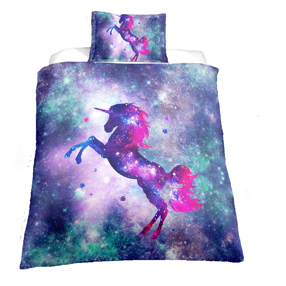 Suncloris 3D Bedding Duvet Cover Set - Cosmic Unicorn Fantasy Stars Galaxy Print (Twin Size) | Includes Duvet Cover & Pillowcases | Soft Microfiber Bedding for Kids & Teens | Perfect for Fantasy Themed Bedrooms & Gift Giving