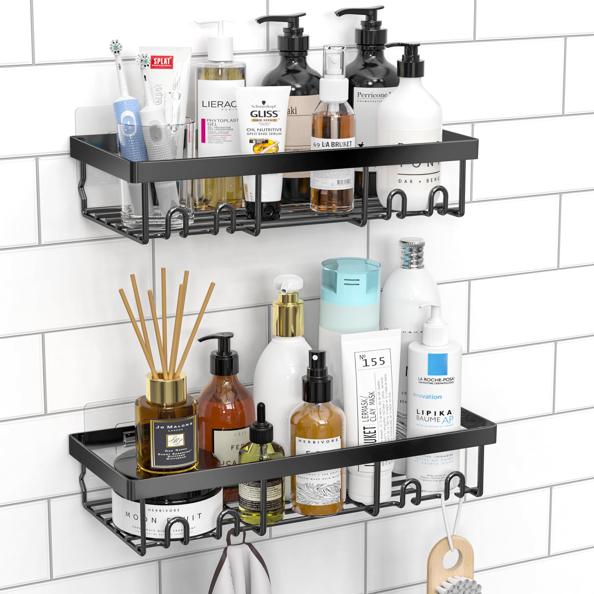 Moforoco Self-Adhesive Shower Caddy Shelf Organizer - Rustic Black Bathroom Wall Storage Rack for RV, Camper & Apartment - Farmhouse Decor for Shower Essentials, Toiletries & Bath Accessories - Perfect for Small Space Organization in Bathrooms, Trailers & Tiny Homes