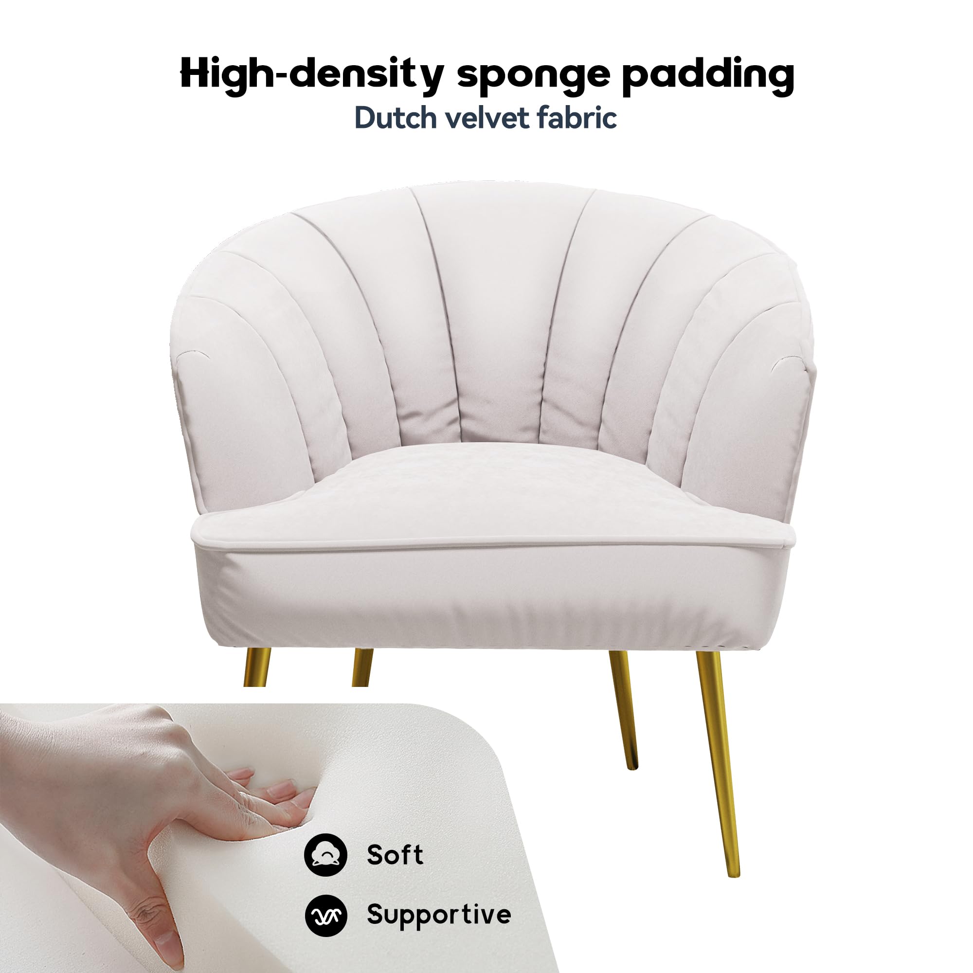 Modern Velvet Lounge Chair with Golden Metal Legs - Stylish Side Chair for Living Room, Bedroom, Home Office & Dressing Room - White Velvet Accent Chair - Perfect for Relaxing, Reading & Home Decor