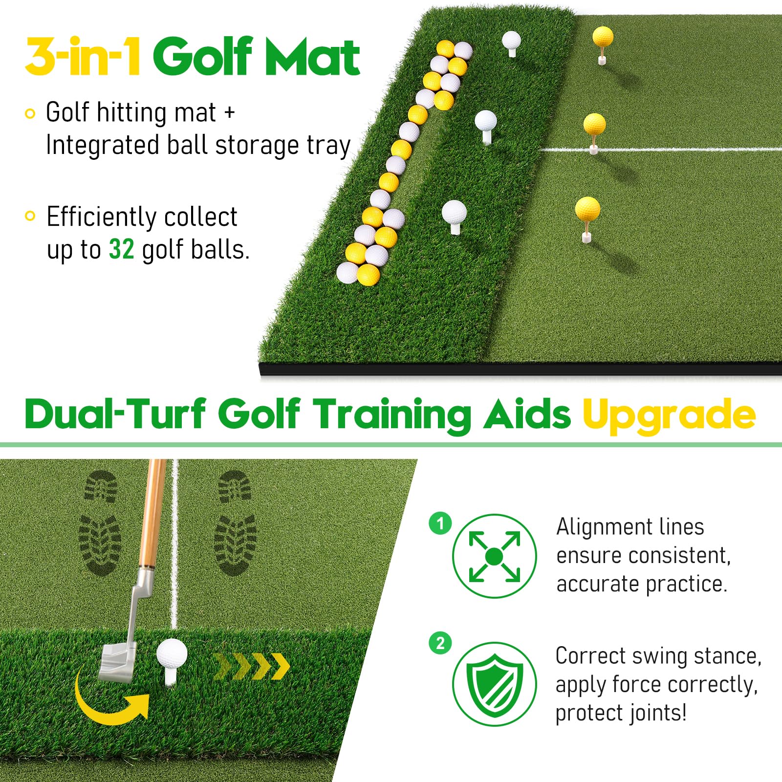 Premium Dual-Turf Golf Practice Mat with Ball Tray - 5x4 FT Indoor/Outdoor Golf Hitting Mat Includes 10 Golf Balls, 9 Tees & Training Aid - Perfect for Swing Practice, Chipping & Backyard Drills - Great Gift for Men, Boys & Golf Enthusiasts