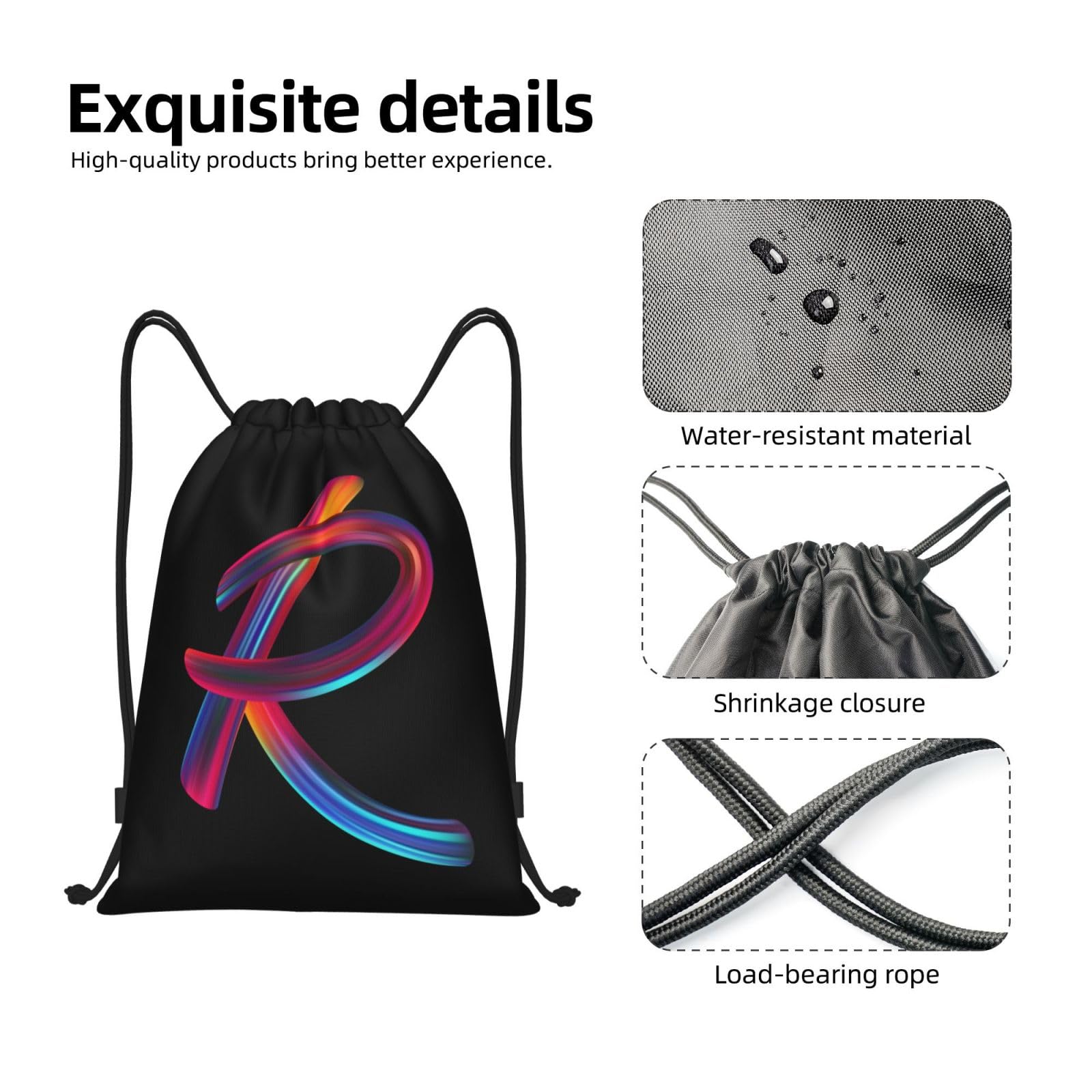 Custom Initial Drawstring Backpack - Black Cinch Sackpack for Sports, Gym, Travel, Swimming, Beach & Camping - Personalized Letter R Design - Perfect for Workouts, Vacations & Outdoor Adventures