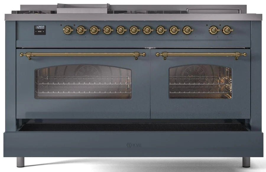 ILVE Nostalgie II 60-Inch Dual Fuel Natural Gas Range with Brass Trim - Blue Grey (UP60FSNMPBGG) | Professional Italian Kitchen Appliance for Home Chefs & Gourmet Cooking