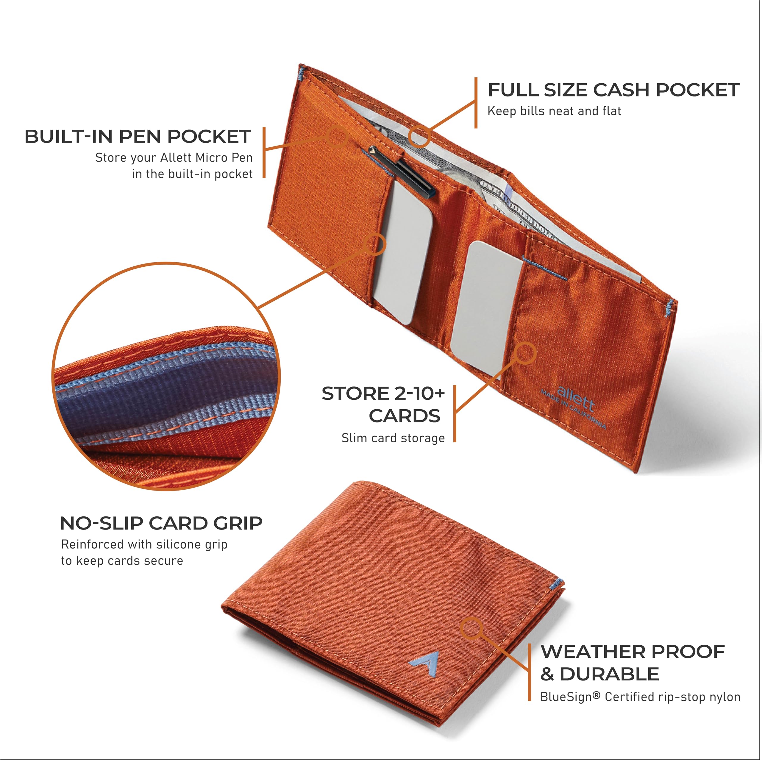 Allett Sport RFID Blocking Slim Bifold Wallet for Men & Women - Nylon Minimalist Front Pocket Wallet Holds 2-10+ Cards - Perfect for Travel, Gym & Everyday Use (Potters Clay)