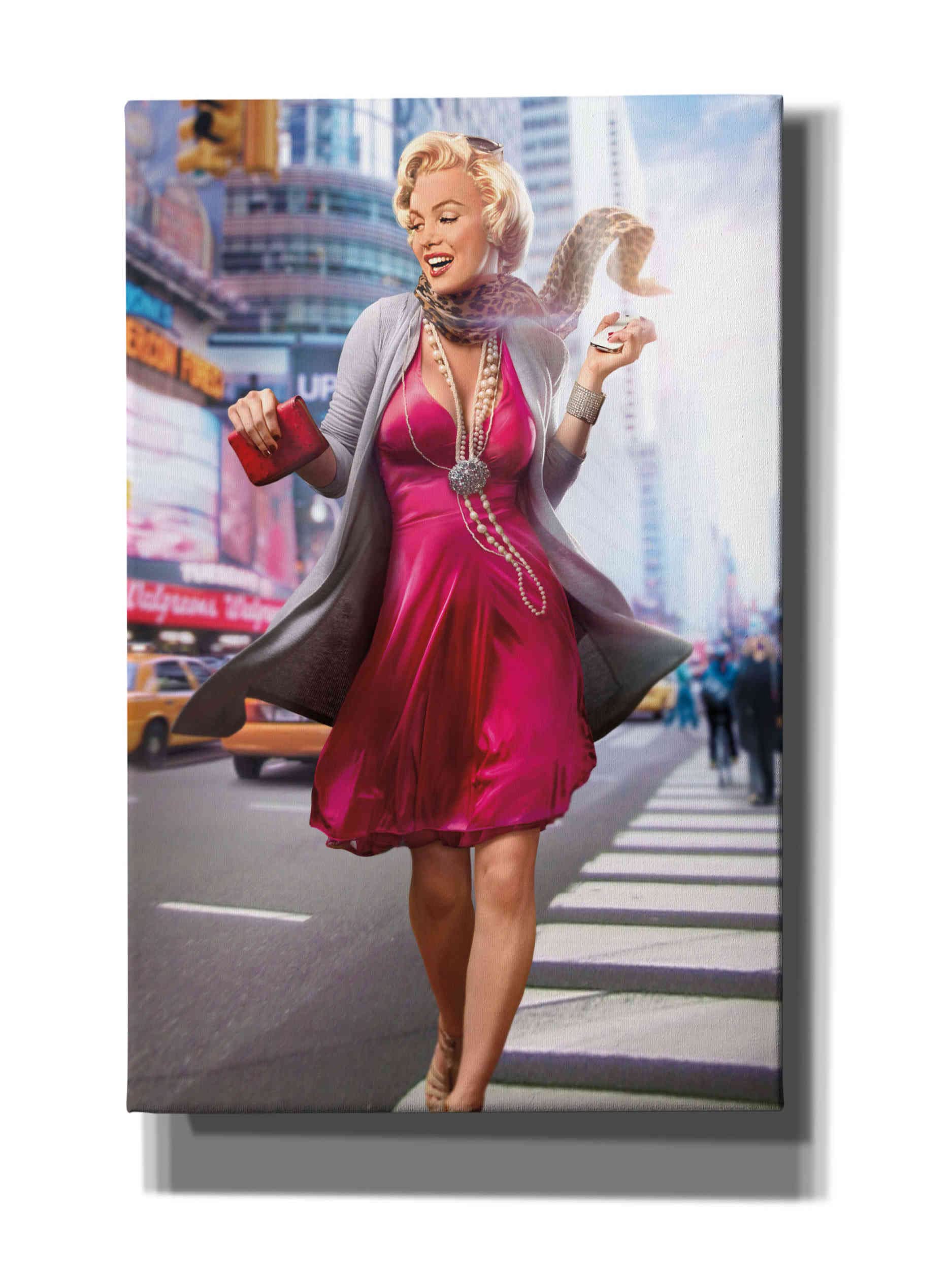 JJ Brando 'Marilyn in The City' Pink Giclee Canvas Wall Art Print - 26x40 Inches Modern Home Decor for Living Room, Bedroom & Office