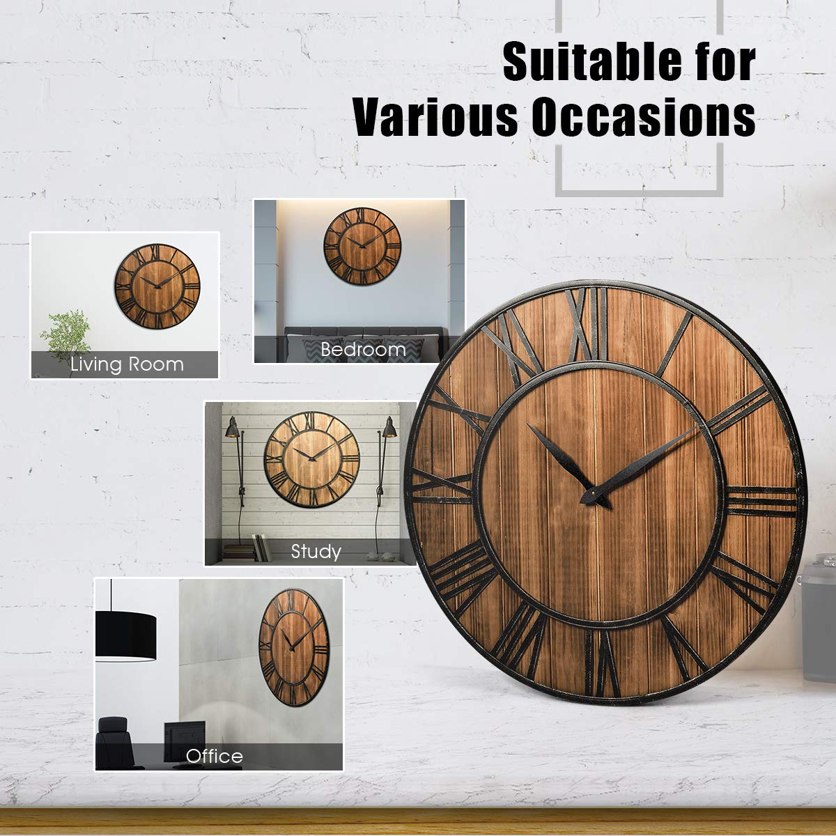 Tangkula 27.5 Inch Round Wall Clock - Farmhouse Large Wall Clock with Roman Numerals, Decorative Wooden Clock for Home & Office - Rustic Bronze Brown Wall Clock with AA Battery Included - Perfect for Living Room, Bedroom, Kitchen Decor