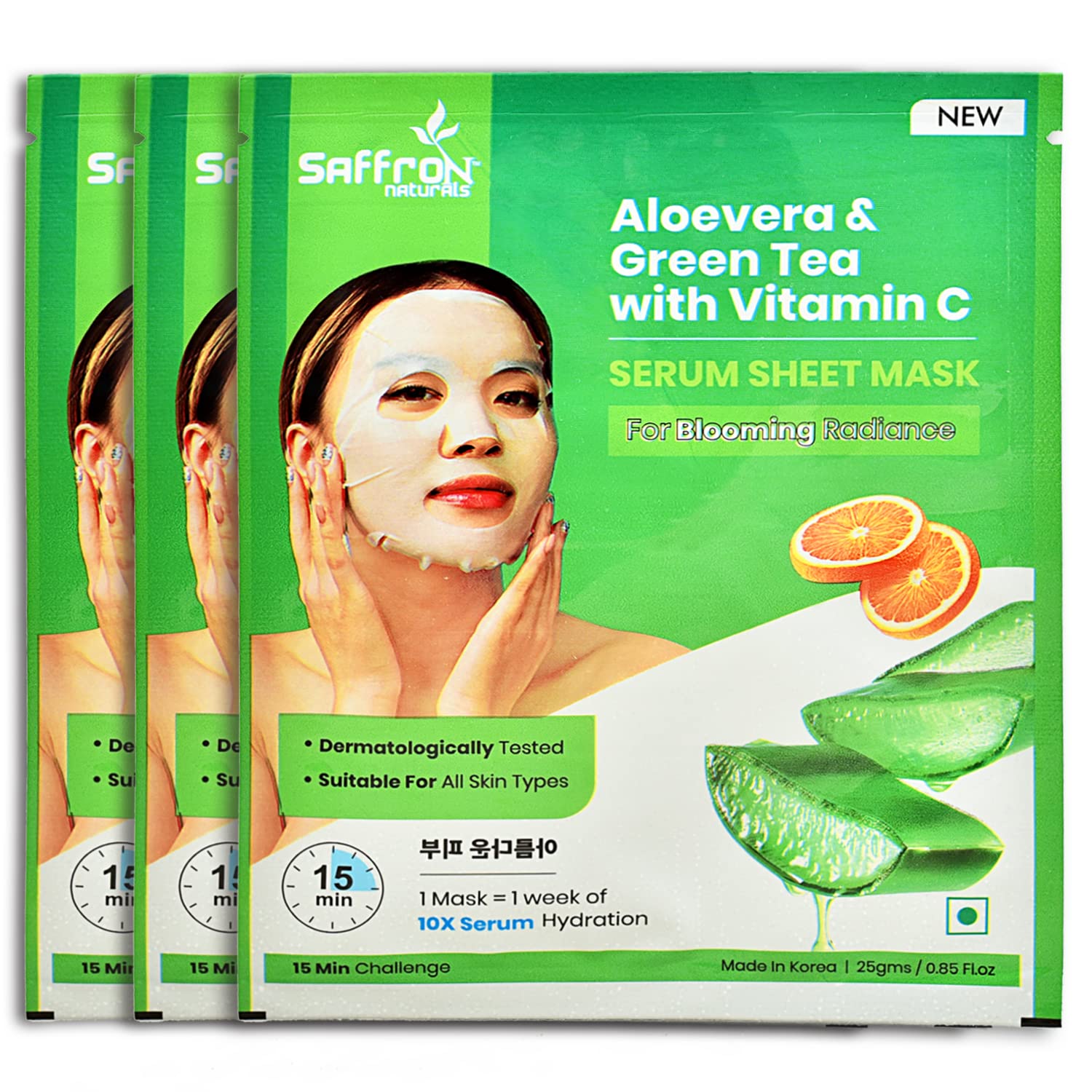 Saffron Naturals Aloe Vera & Green Tea Face Sheet Mask with Vitamin C for Glowing Skin - Set of 3 (25g Each) | Hydrating & Brightening Facial Treatment for Daily Skincare Routine