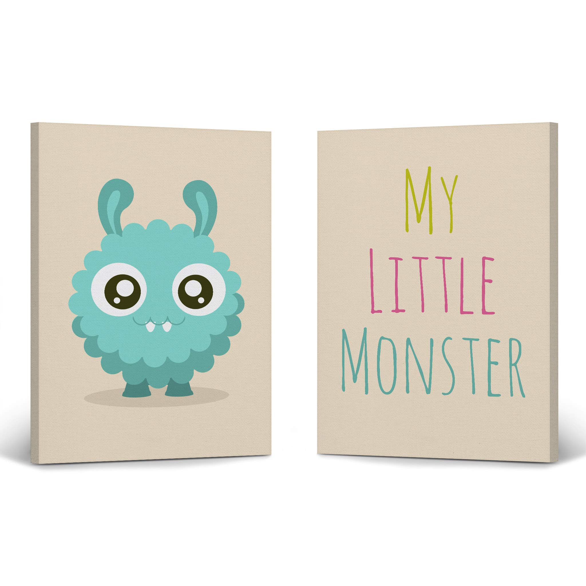 Smile Art Design - 2 Piece Canvas Print Set with Lovely Blue My Little Monster Lettering on Cream Background | Kids Room Decor, Wall Art for Baby Boy & Girl Nursery | Ready to Hang, Made in USA (40x30 inches) - Perfect for Children's Bedrooms, Playrooms & Birthday Gifts