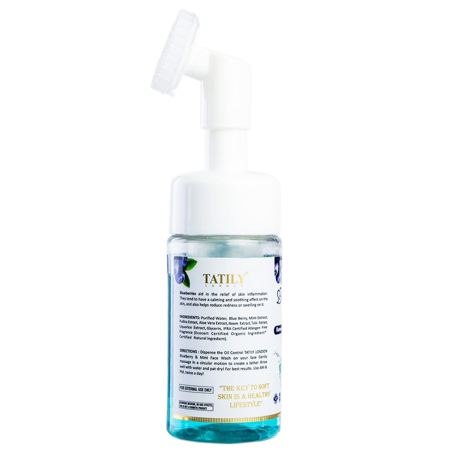 Tatily Blueberry & Mint Foaming Face Wash with Built-In Brush - Hydrating & Brightening Facial Cleanser for Men & Women - 100ml - Perfect for Daily Skincare & Travel