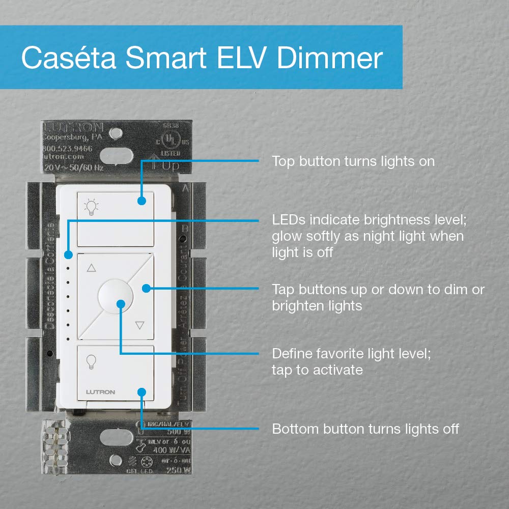 Lutron Caseta Smart Dimmer Switch ELV+ (Requires Lutron Hub) - 250W LED, Single-Pole/3-Way, Neutral Wire Needed - PD-5NE-WH 8-Pack in White - Perfect for Smart Home Lighting Control in Living Rooms, Bedrooms & Kitchens
