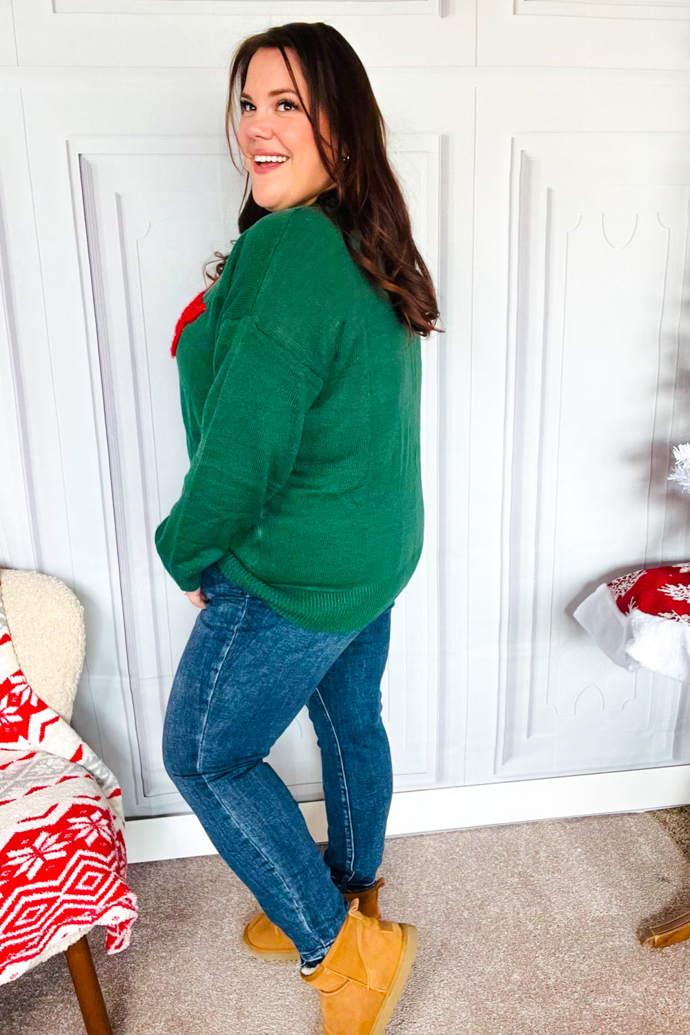 Be Merry Hunter Green Pop Up Lurex Sweater - Festive Holiday Knitwear for Women | Perfect for Christmas Parties & Winter Gatherings
