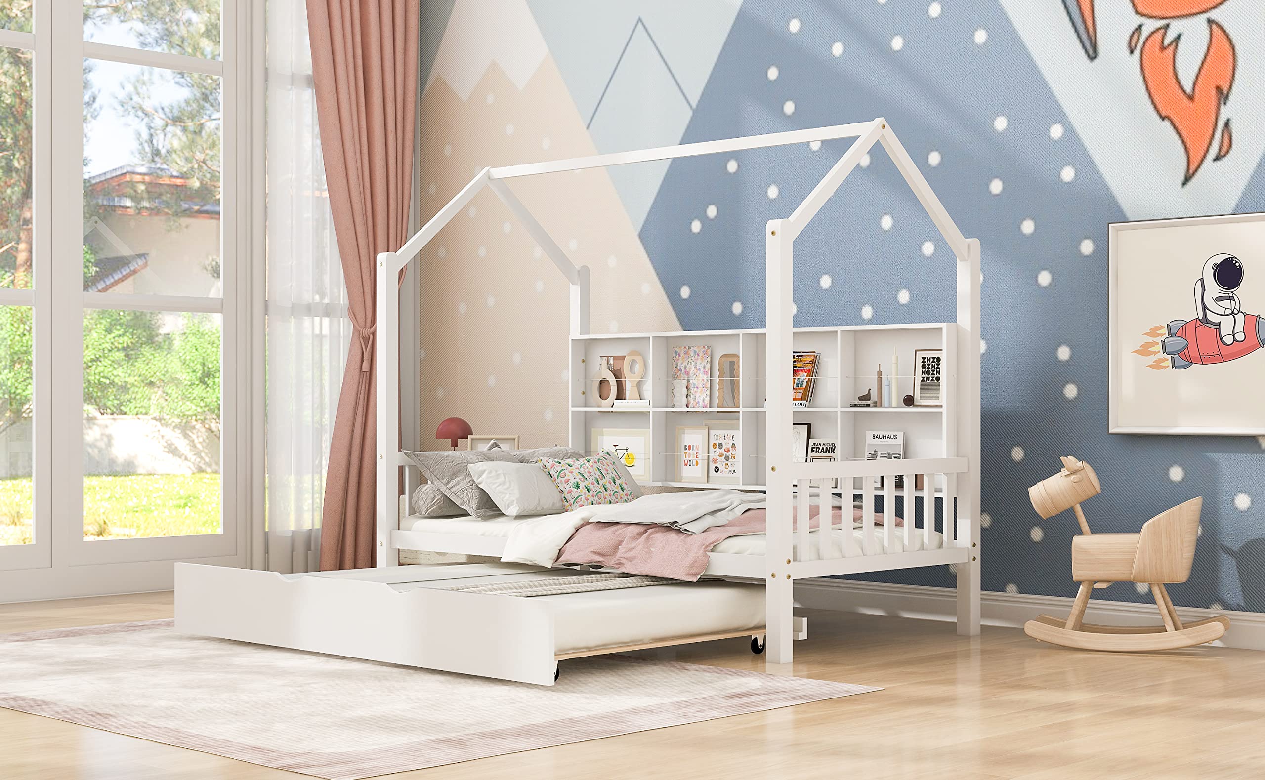 Harper & Bright Designs White Wooden Twin Size House Bed with Trundle & Shelf - Kids Bed for Boys, Girls & Toddlers - Perfect for Bedrooms, Playrooms & Nursery Decor