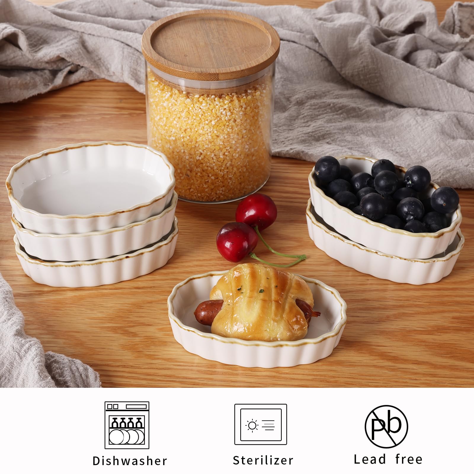 ONTUBE 4 oz Porcelain Ramekins Set of 6 - Oven Safe Oval Baking Dishes for Creme Brulee, Souffle, Pudding, Dipping Sauces | Perfect for Desserts, Appetizers & Home Kitchen Use (Brown/White)